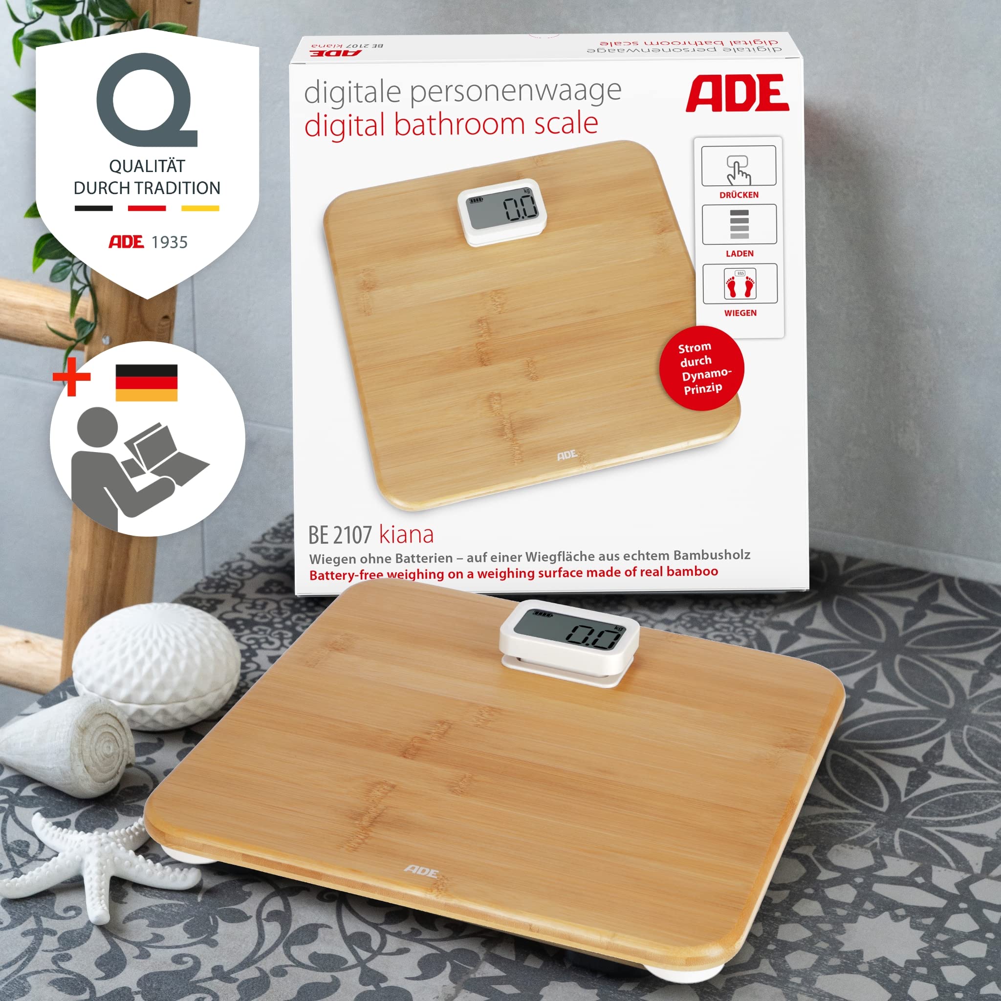 ADE Cyfrowa waga ciała bez baterii | przyjazny dla środowiska napęd dynamo | precyzyjne rezultaty ważenia w odstępach 100 g | powierzchnia ważenia z prawdziwego drewna bambusowego | do 150 kg
