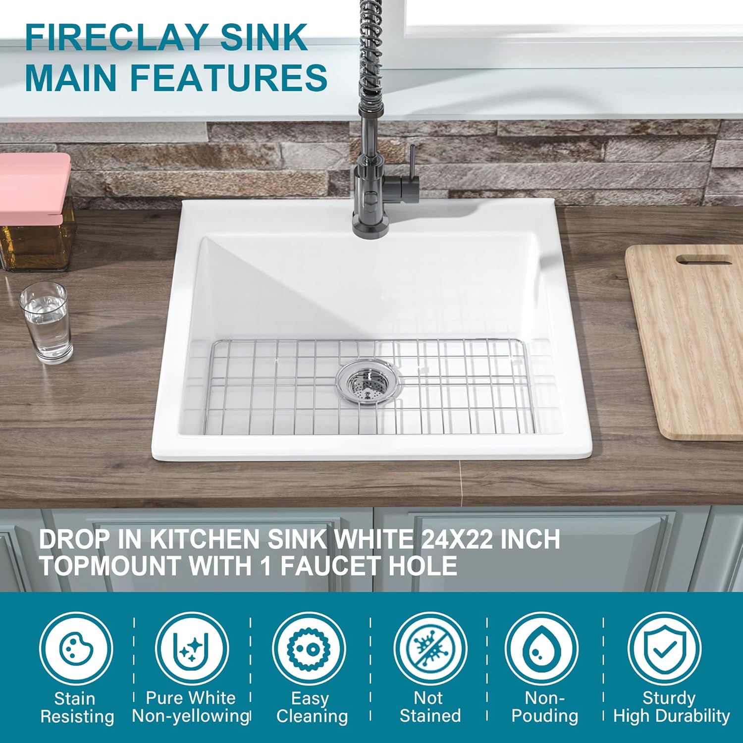 24x22 Drop In Kitchen Sink White 1 Hole, 24 Inch Small Fireclay Bar Sink Drop In Single Bowl, Topmount Heavy Duty Deep Basin, with 2 Accessories, Pure White, for Kitchen, Laundry, Outdoor