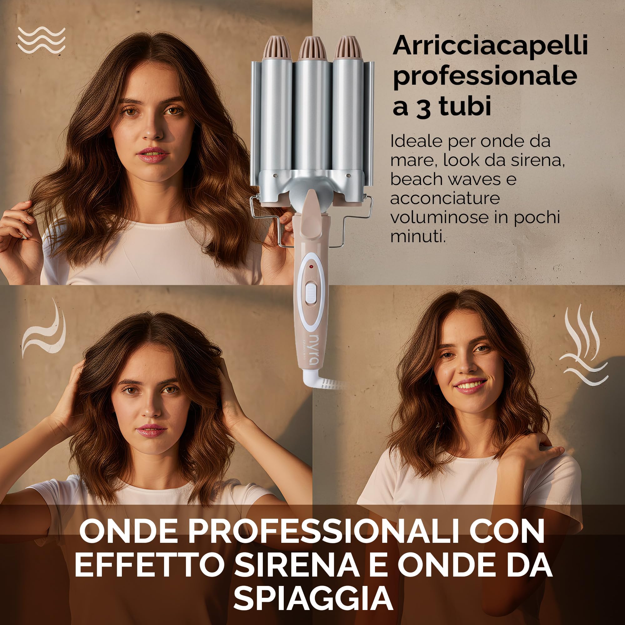 Nyra - Ondulatore per capelli a 3 tubi | Ferro arricciacapelli professionale a onde grandi | 2 temperature (170°C e 220°C) | 95W | Tensione 220-240V | Cavo girevole 1,5 m | Classe elettrica II