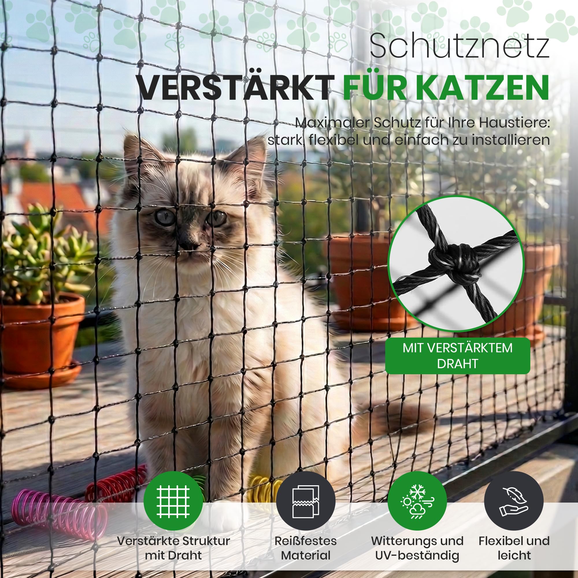 Katzennetz für Balkon Drahtverstärktes, 8x3m Katzengitter Fenster, Katzenschutznetz für Katzen zur Sicherung von Balkon, Terrassen, Fenstern, Dachluken, Türen