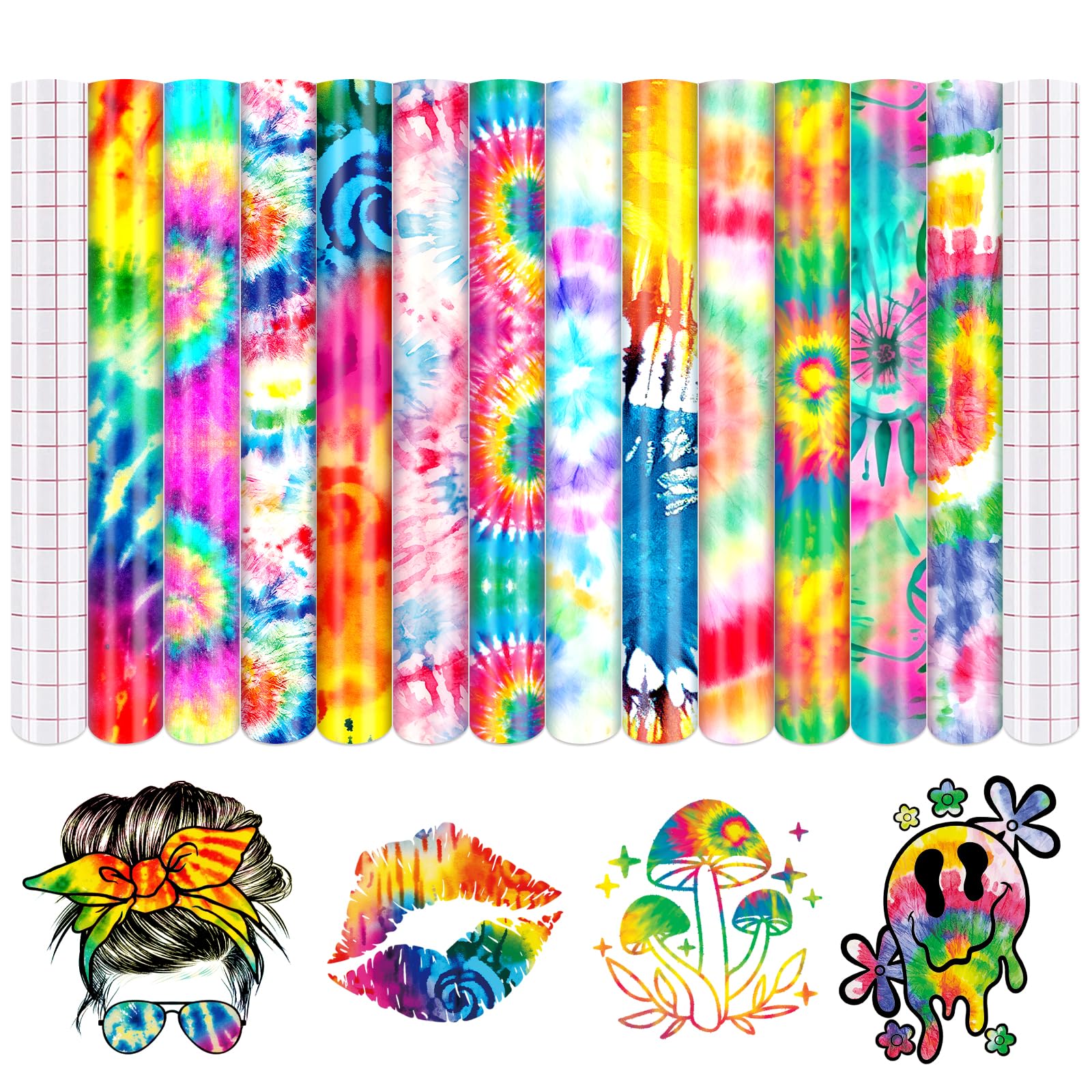 Tie Dye Permanent Vinyl - 12 Sheets 12"x10" Swirl Patterned Permanent Adhesive Vinyl for Mugs Decors Tie Dye Self Adhesive Sticker