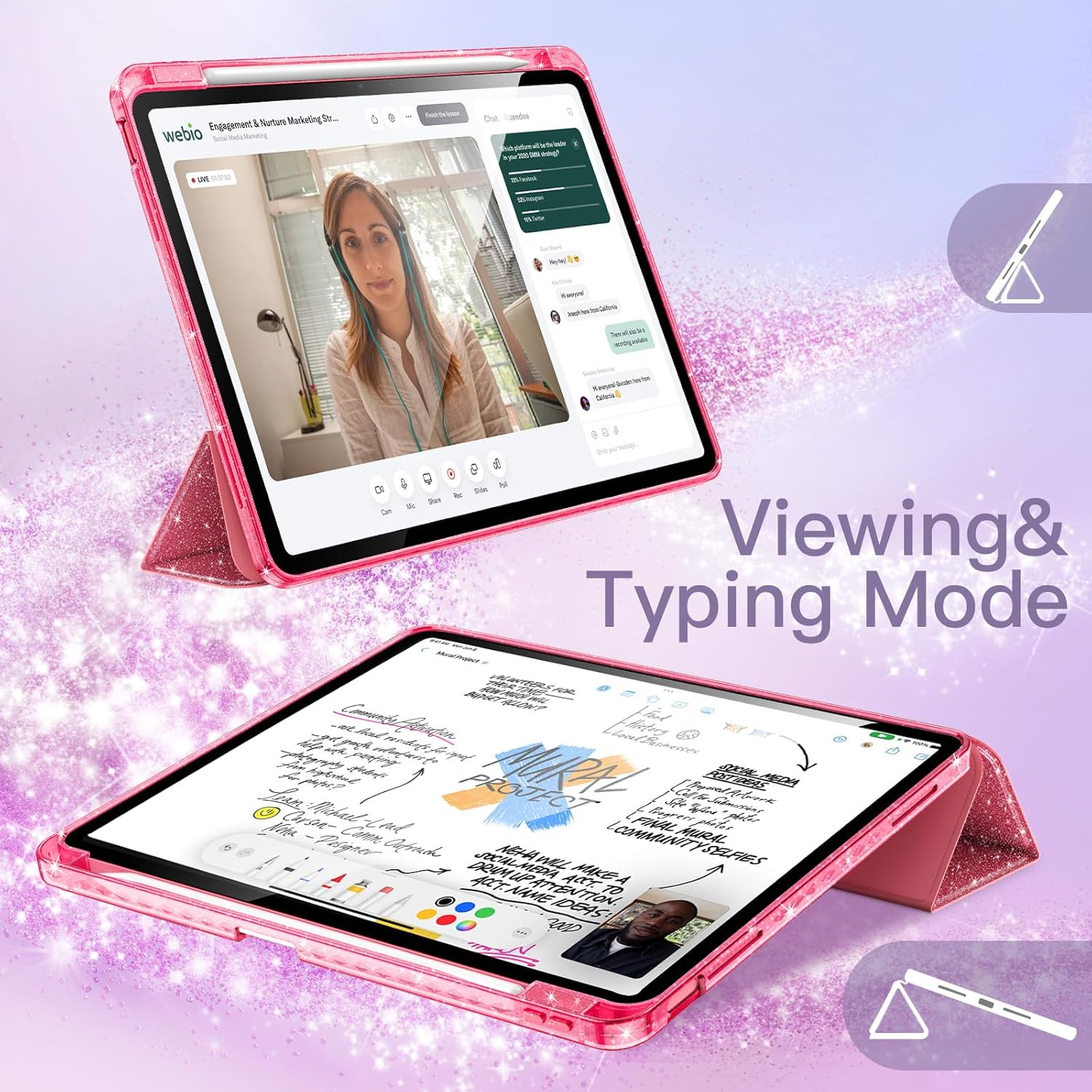 JETech Glitter Case for iPad (A16) 11th/10th Generation (2025/2022) with Pencil Holder, Cute Sparkly Slim Cover for Kids and Girls, Shiny Clear Back Shell (Pink)