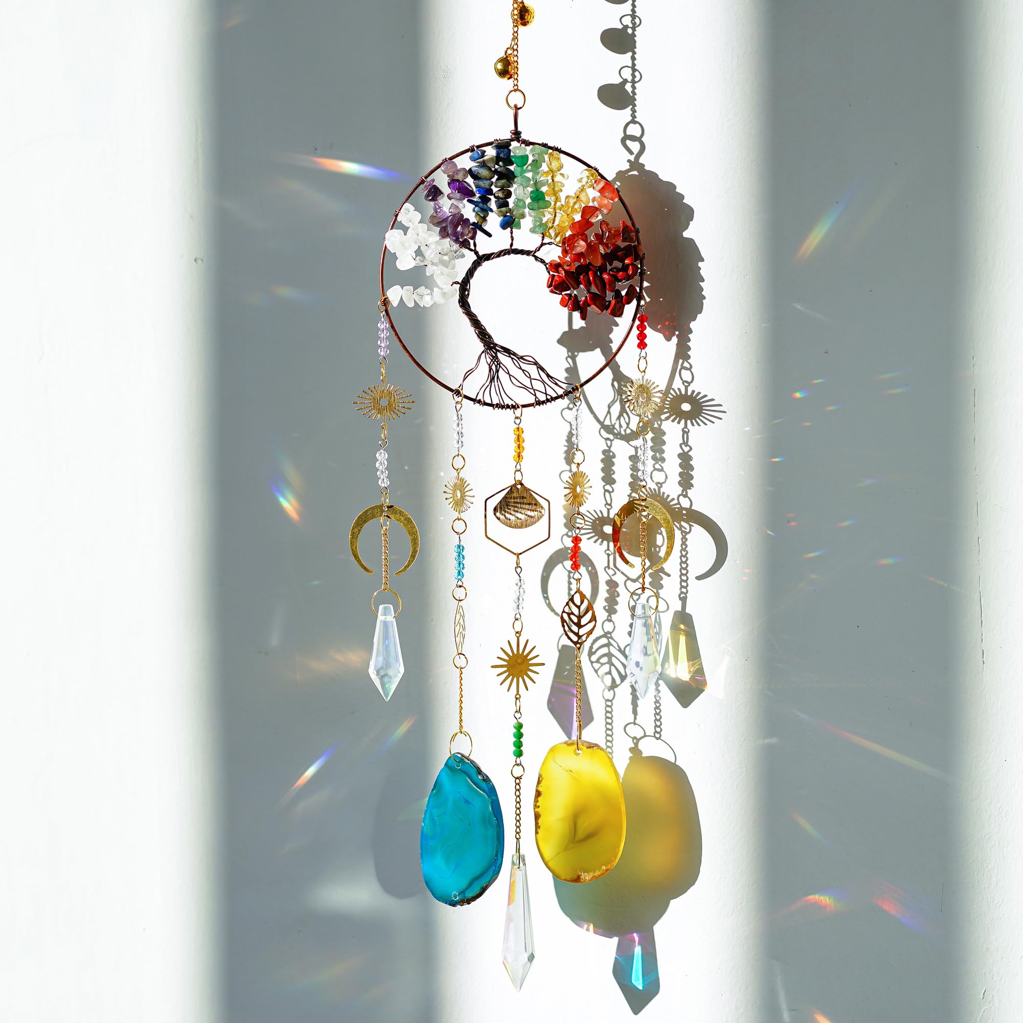 21'' Chakra Tree of Life Suncatcher Natural Agate Rainbow Hanging Crystal Prisms Suncatcher for Window Ornament Healing Crystals Indoor Outdoor Decor