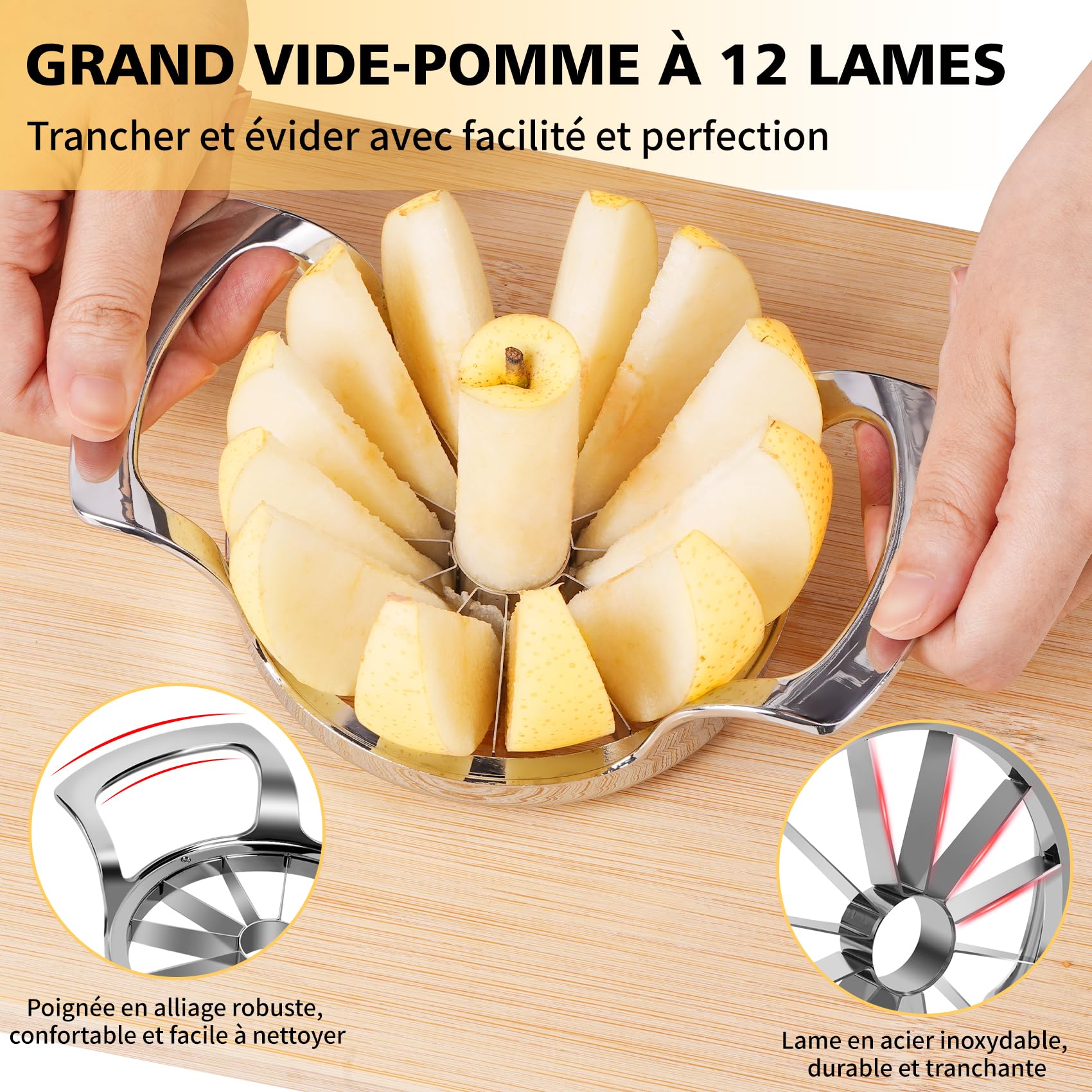 Coupe Pomme en Acier Inoxydable 12 Lames Extra-large, Trancheuse de Pomme Robuste
