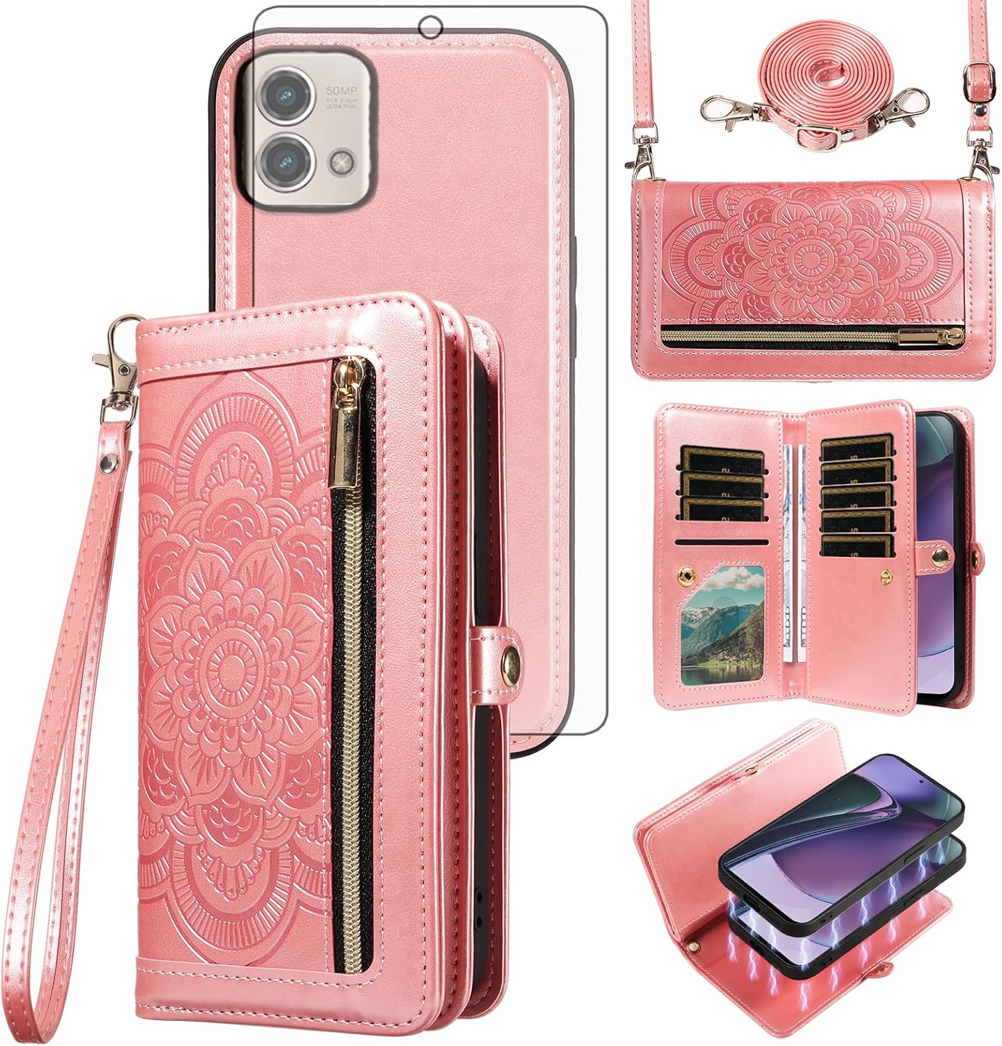 Asuwish Phone Case for Motorola Moto G Stylus 5G 2023 Zipper Wallet Detachable Cell Cover with Tempered Glass Screen Protector Strap Flower Card Holder GStylus G5 XT2317DL XT2315-5 Women Men Rose Gold