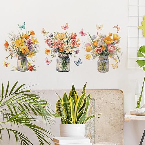 Miniatura 3 de Calcomanías de pared de mariposas con florero de flores, arte floral de sacinora DIY, calcomanías de pared extraíbles de vinilo para despegar y