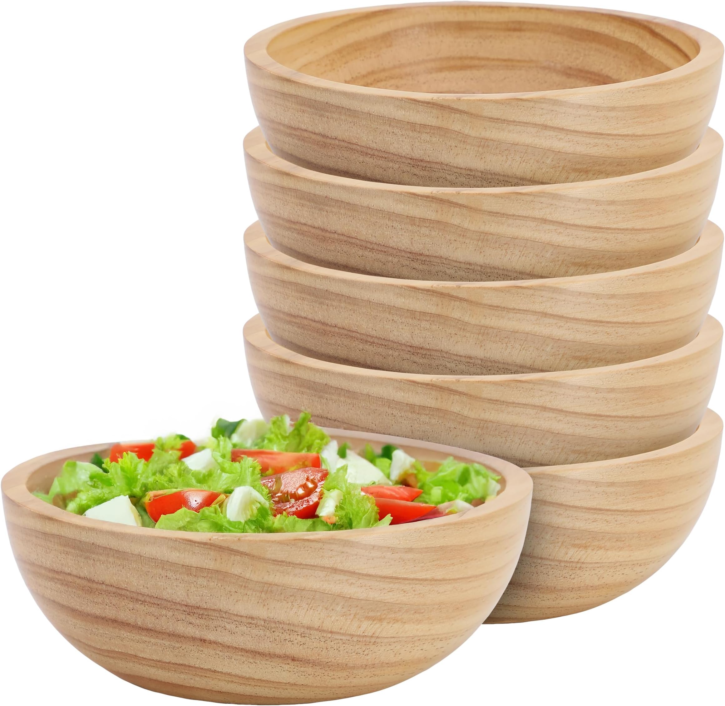 Elama 6 Piece 7 Inch Pine Wood Bowl Set - Dark Brown, Natural Wooden Salad Bowls for Serving, Mixing, Fruit, Snack – Rustic Kitchen & Dining Tableware (6 Piece Light Brown)