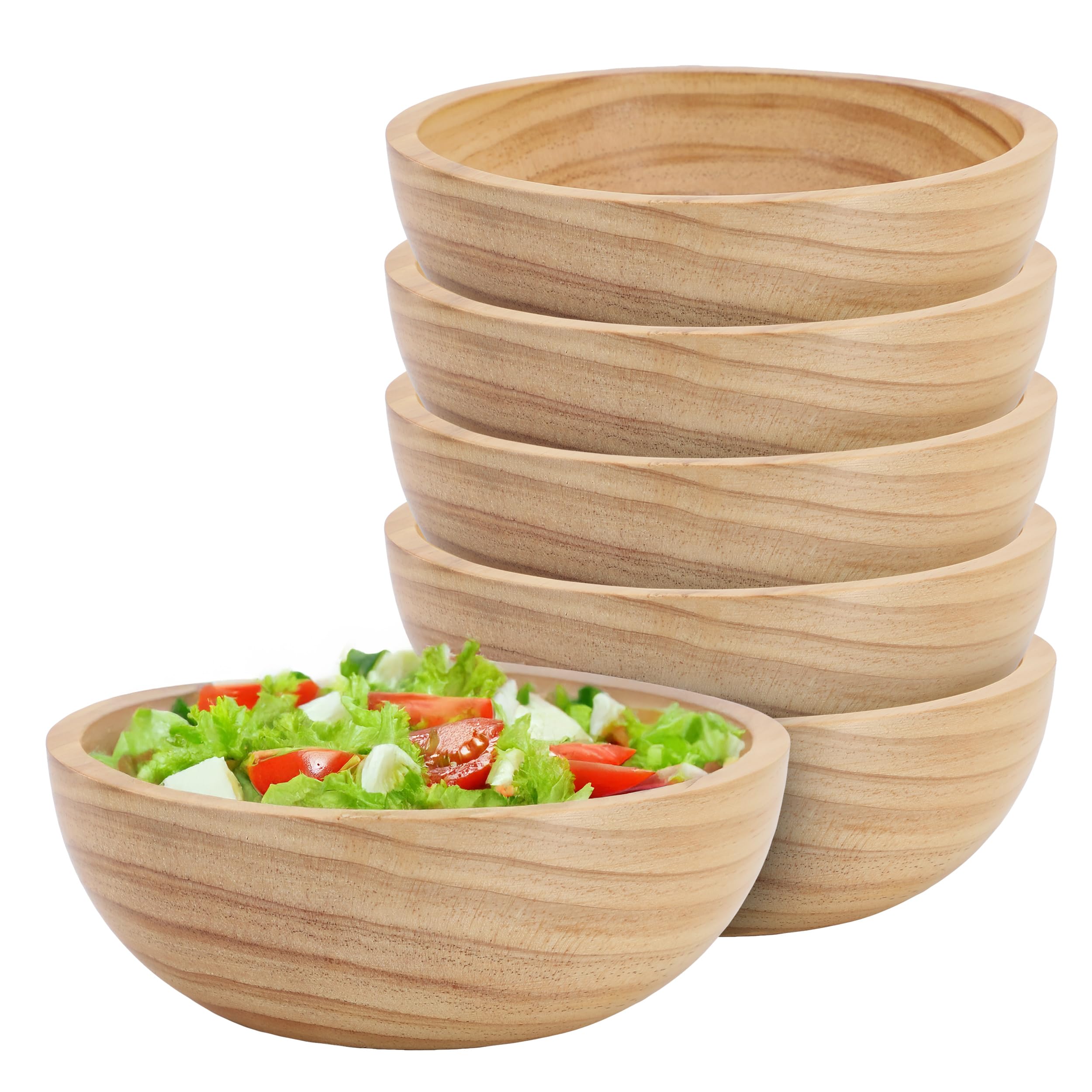 Elama 6 Piece 7 Inch Pine Wood Bowl Set - Dark Brown, Natural Wooden Salad Bowls for Serving, Mixing, Fruit, Snack – Rustic Kitchen & Dining Tableware (6 Piece Light Brown)