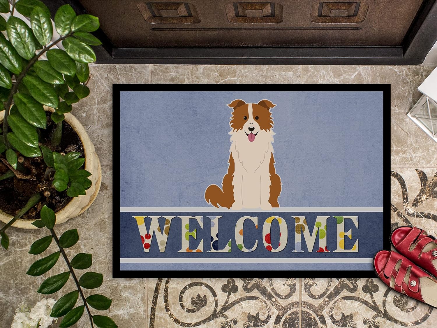 Caroline's Treasures BB5700MAT Border Collie Red White Welcome Doormat 18x27 Front Door Mat Indoor Outdoor Rugs for Entryway, Non Slip Washable Low Pile, 18H X 27W