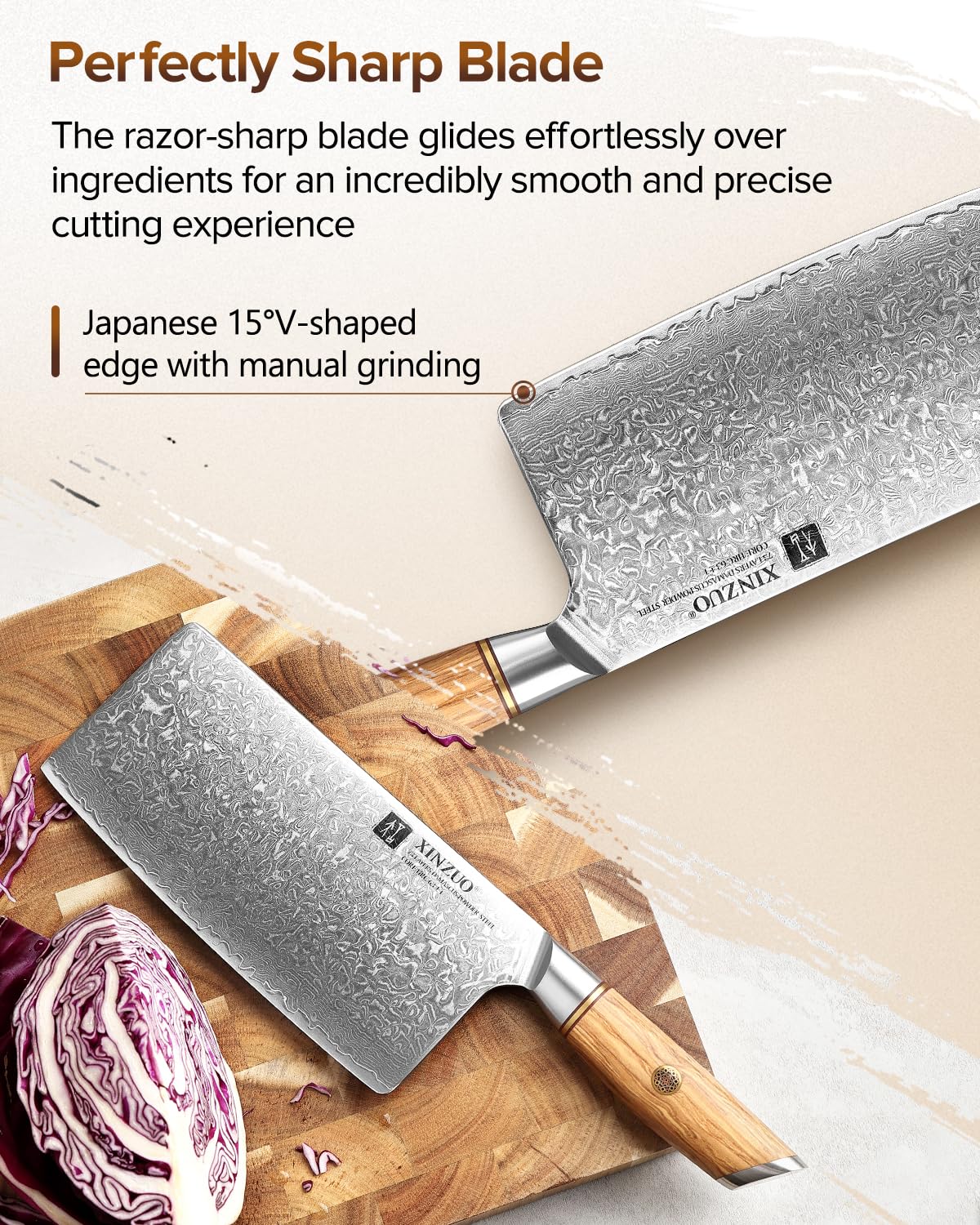 XINZUO 19cm Hackmesser, 73 Schichten Damaststahl Pulverstahlkern Hackbeil Chinesisches Kochmesser Multifunktions Chefmesser Fleischmesser -mit ergonomischer Olivenholz Griff -Lan Series