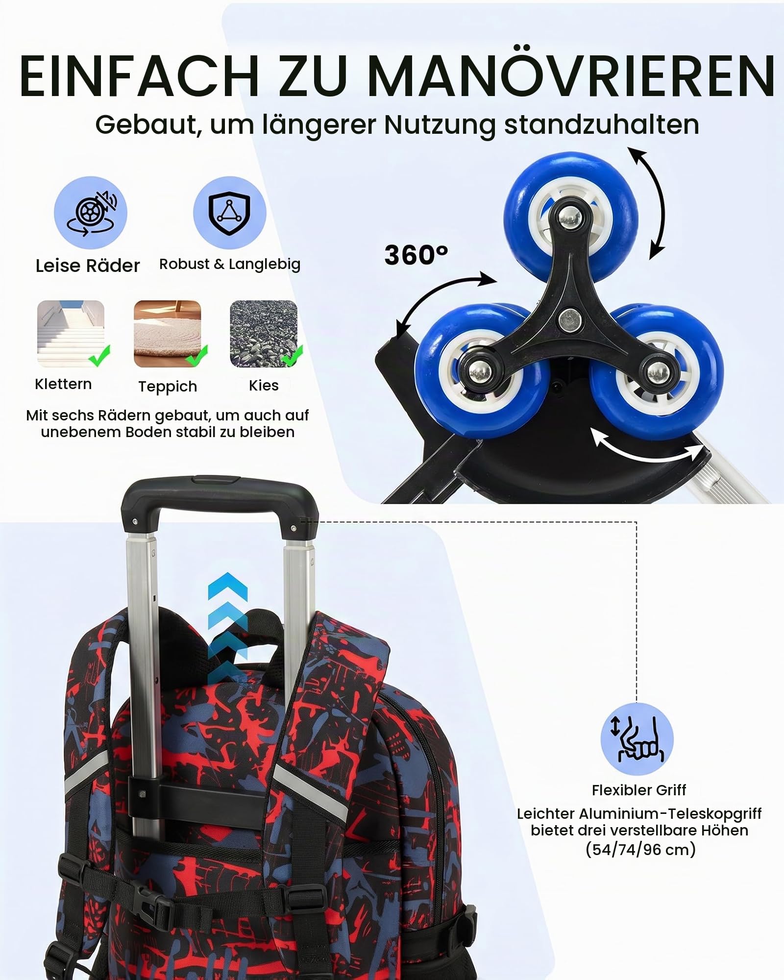 Amythe Trolley-Rucksack Jungen Kinder 8-12 Jahre mit 6 Räder, Blau | Nachtleuchtend Wasserdicht Reflektierend Leicht Blau Daypack Multitasche Geräumig Robust für Schule Reisen Wandern Freizeit