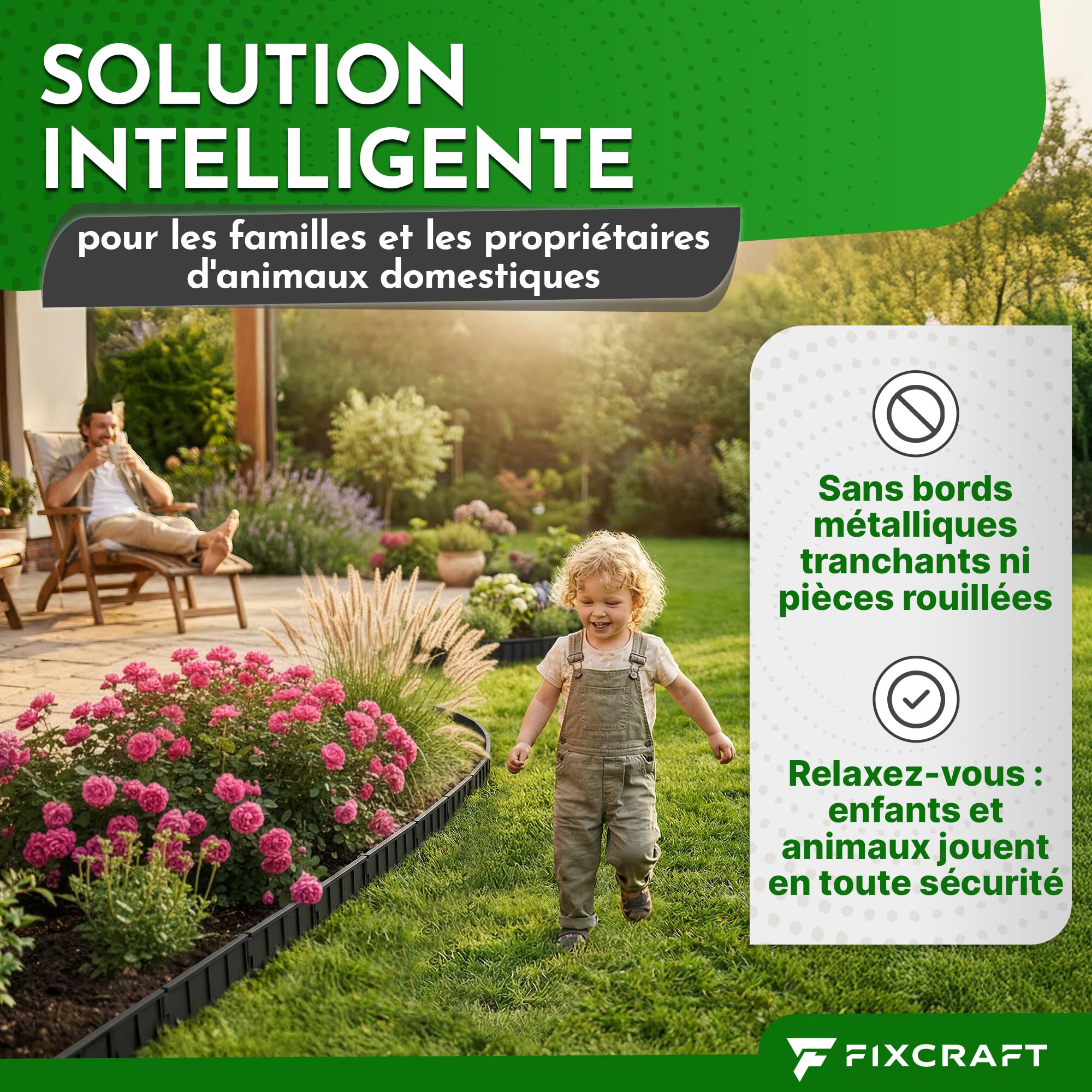 Bordure de Jardin 10m [15cm Hauteur] - Bordure Pelouse Plastique | Bordure flexible pour Pelouse, Massif, Allée | Extra stable, anti-pli, Tête de Frappe large | Sûr pour Robot Tondeuse