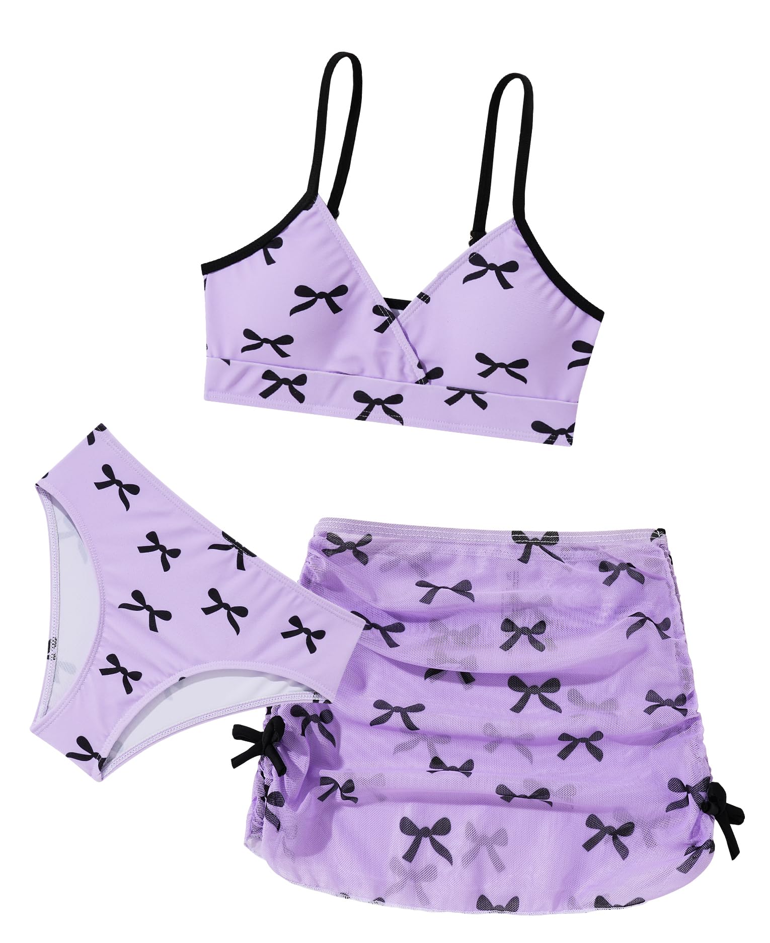 Happy Cherry Set bikini da bambina, 3 pezzi, costume da bagno con stampa con fiocco, gonna e spalline regolabili, costume da bagno per adolescenti e ragazzi da 8 a 14 anni