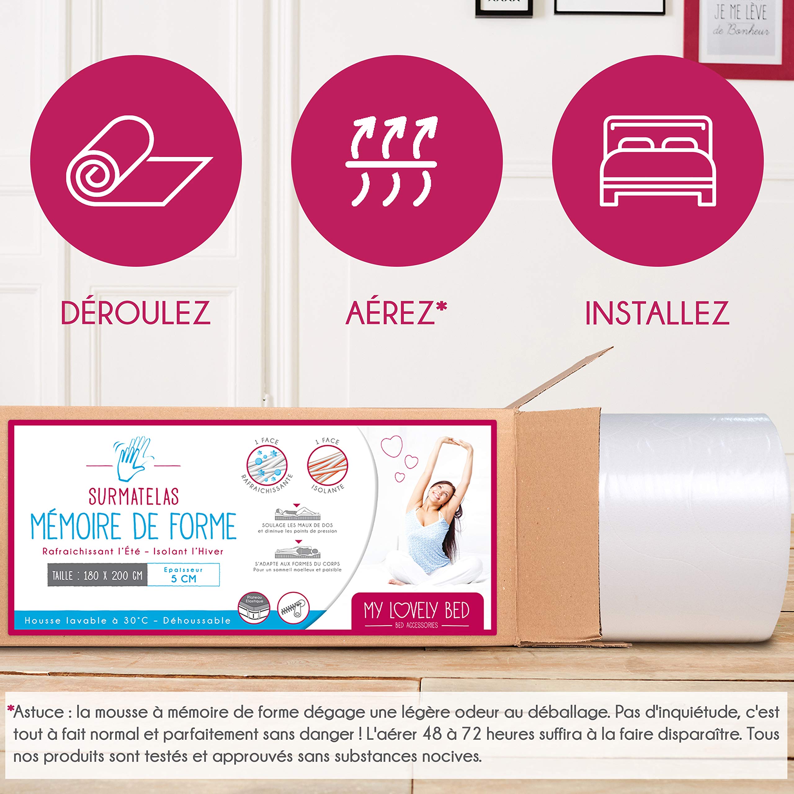 Surmatelas Mémoire de Forme Rafraichissant | 180x200 cm | Refroidissant : Mousse viscoélastique infusée de Gel Frais | Respirant et Moelleux | Épaisseur 4 cm