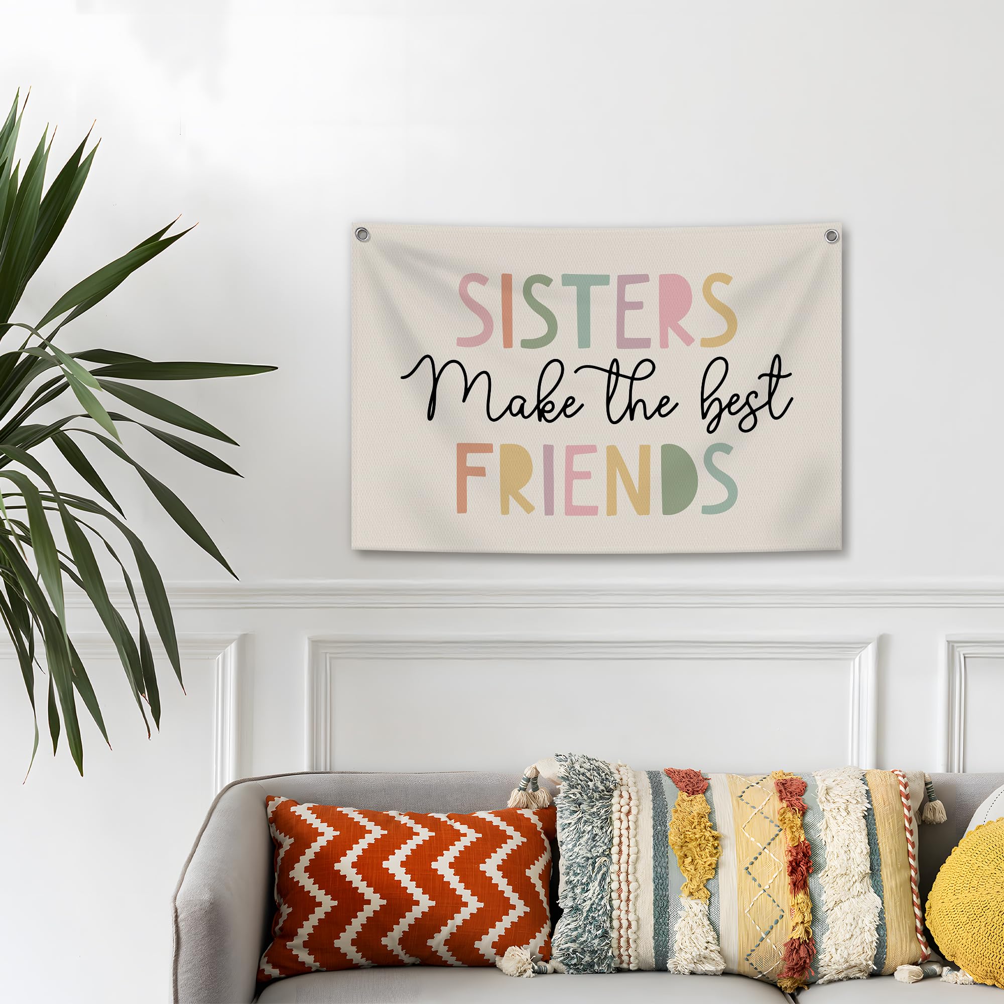 TWRVI Sister Makes the Best Friends Canvas Banner, Girly Room Wall Decor for Nursery Toddler Baby Little Girls Bedroom Playroom, Boho Pastel Wall Hanging Banner Flag, 30x20 Inch