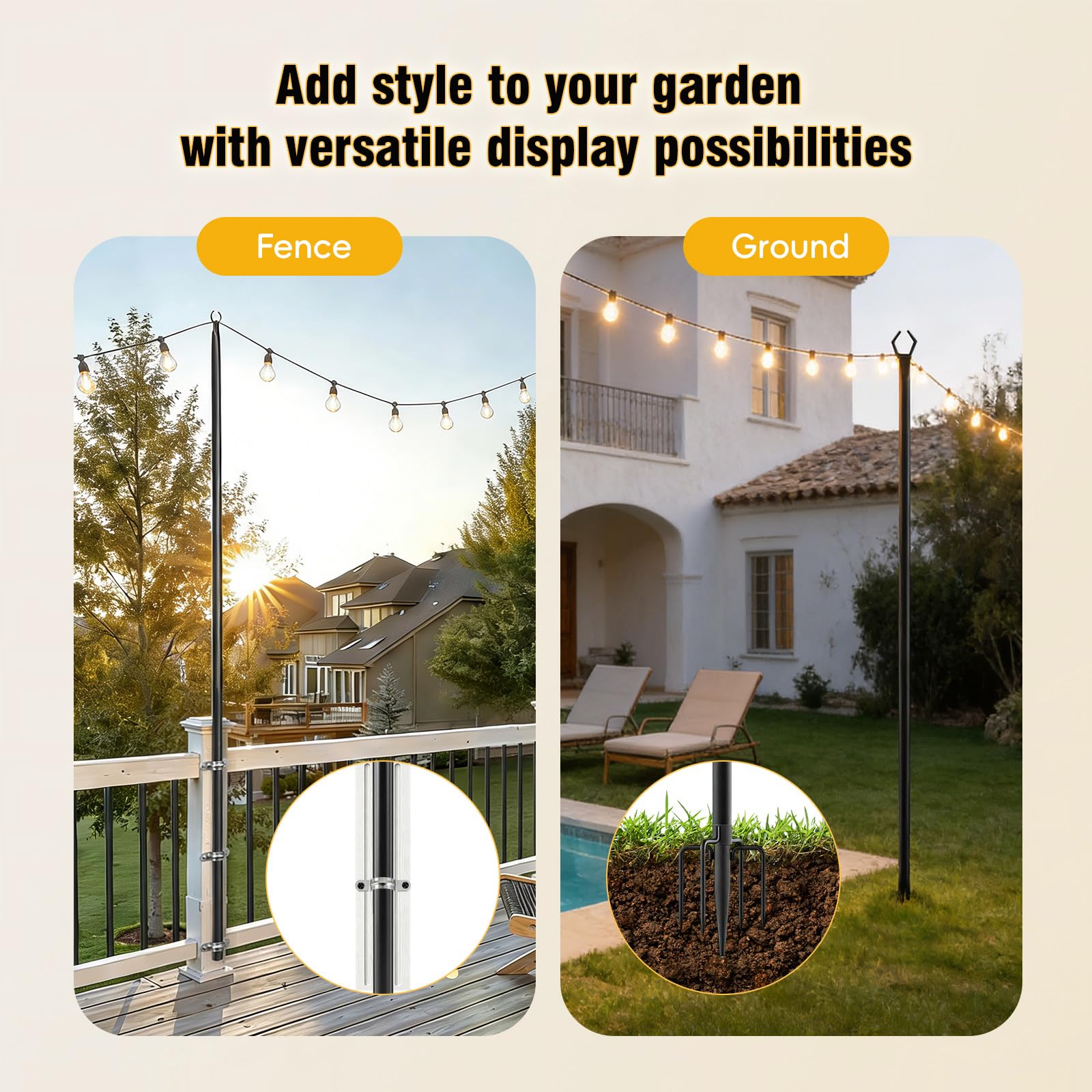 2 Pezzi Pali per Striscia Luminosa, 3M Pali per Striscia Luminosa Supporto per Illuminazione Esterna, Aste per Bandiere per Feste all'aperto, Patio, Giardino, Cortile, Matrimoni