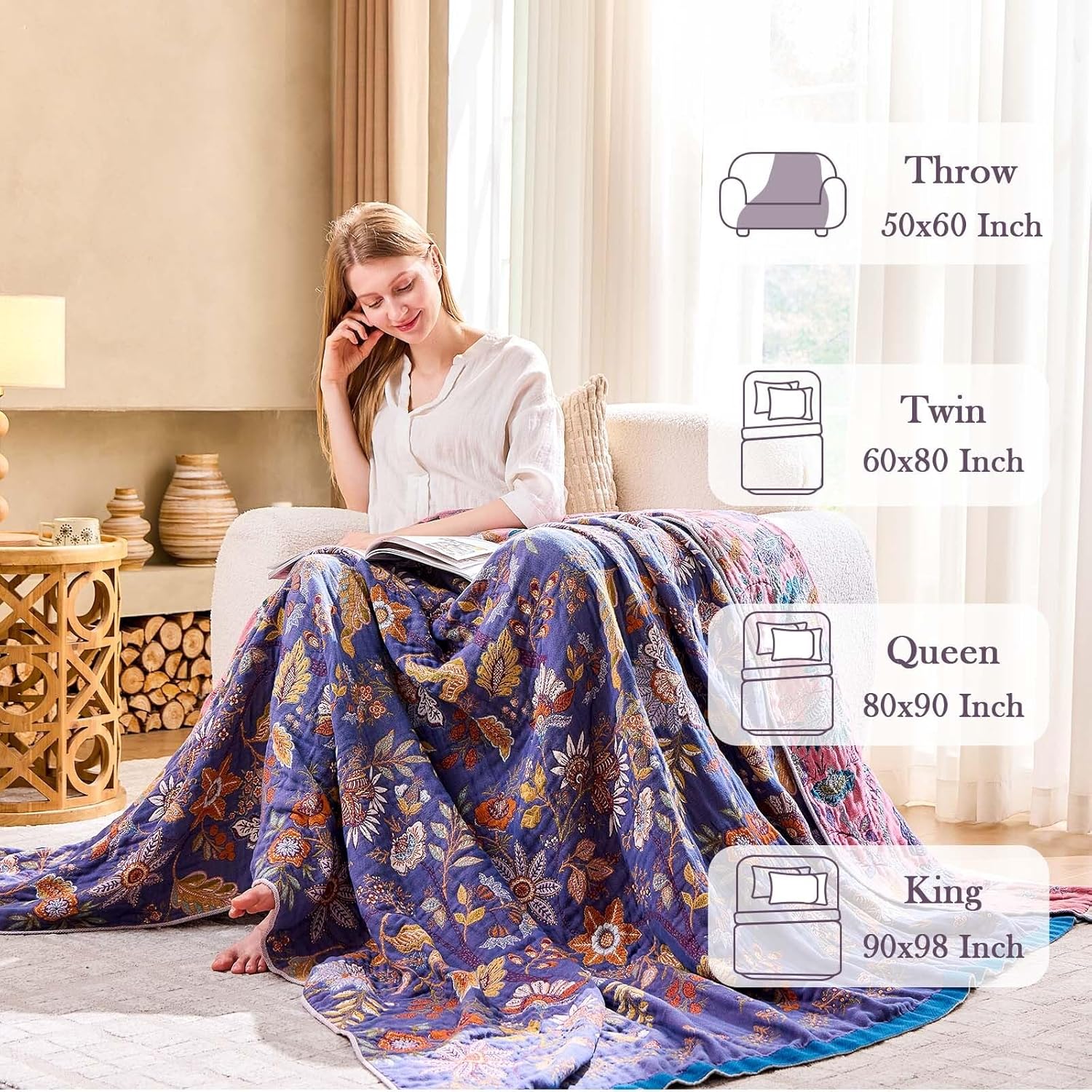 Boho Blanket, 100% Cotton Farmhouse Decorative Throw Blanket, 50"x60" Reversible Bohemian Throw Blanket, Purple All Season Muslin Breathable Woven Blankets Quilt - Image 3