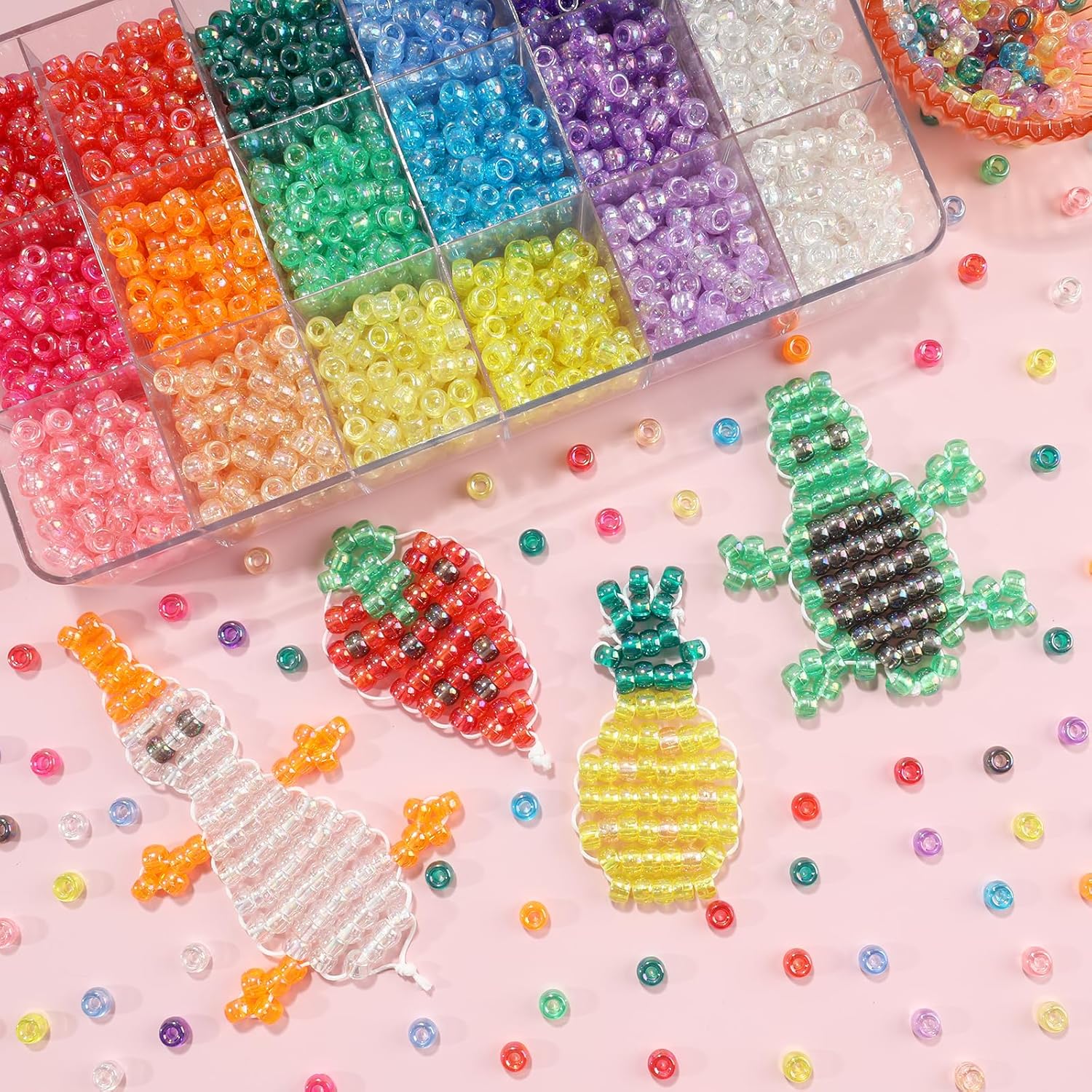 2600+pcs Pony Beads Kit Transparent AB Color Rainbow Plastic Bead Multicolor Pony Beads Bulk Elastic String, Hair Bead for Braids DIY Crafts Jewelry Making Kit for Bracelets Necklaces