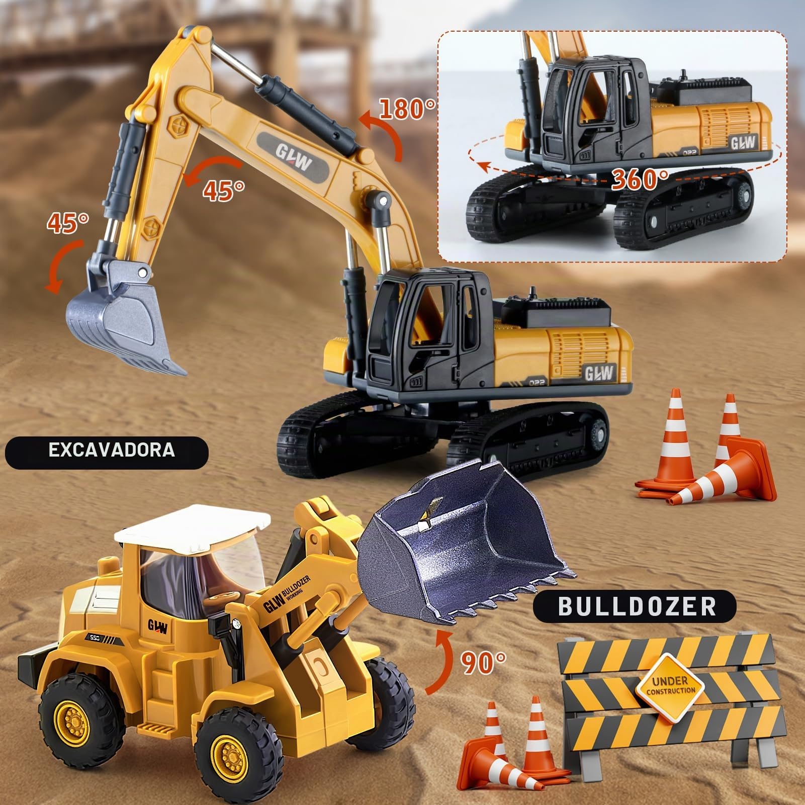 G.C Vehiculos Construccion Juguete Niños con Excavadora Bulldozer, Camión Transportador Largo con Luces y Sonidos Camión de Construcción Juguete Regalo para Niños 3 4 5 6 7 Años