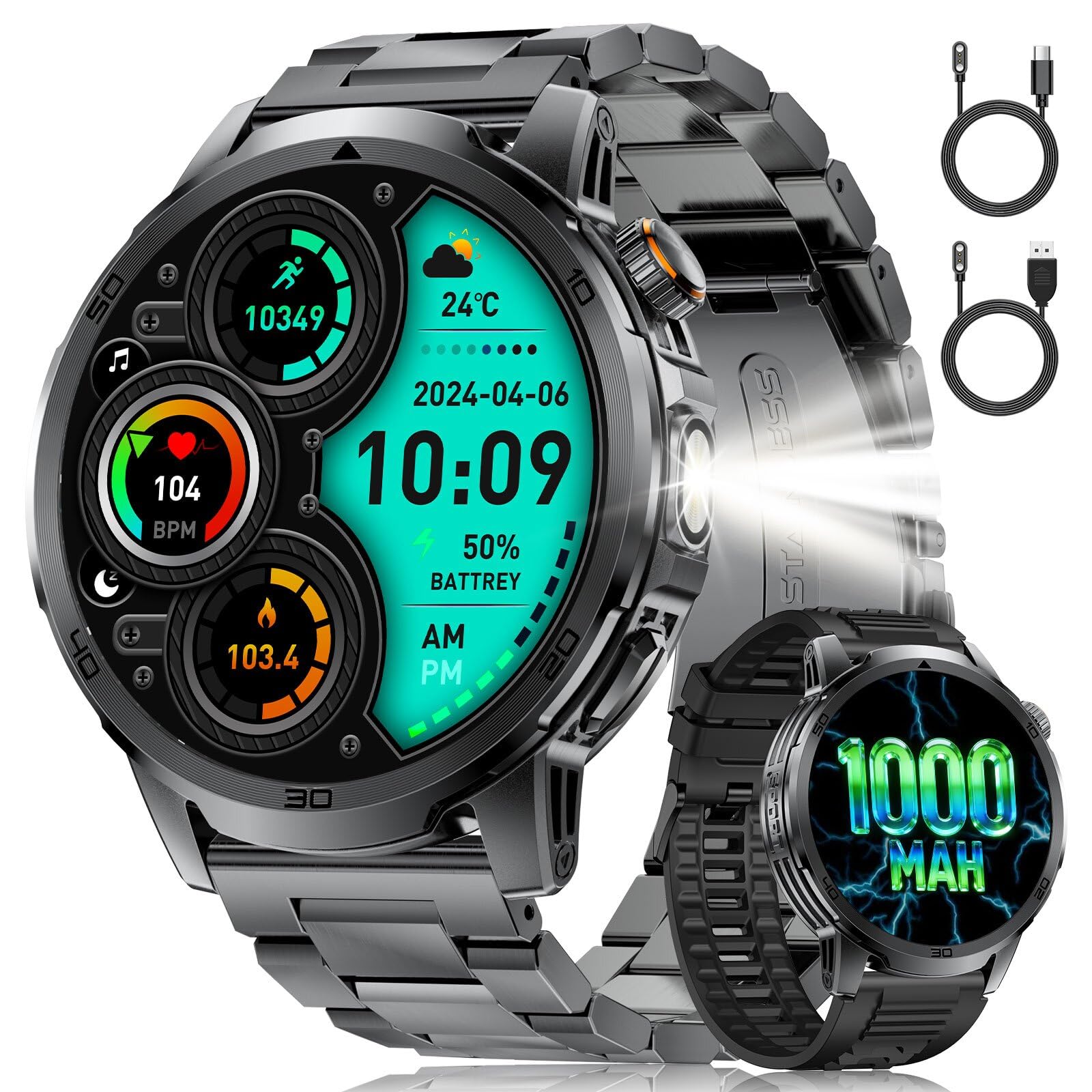 Montre Connectée Homme, 1,85" Grande Écran/Appel Bluetooth/1000mAh/LED Torche, Smartwatch Homme avec Moniteur de Fréquence Cardiaque/Sommeil/IP68 Étanche/110+ Modes Sportifs Android iOS, Noir-Acier