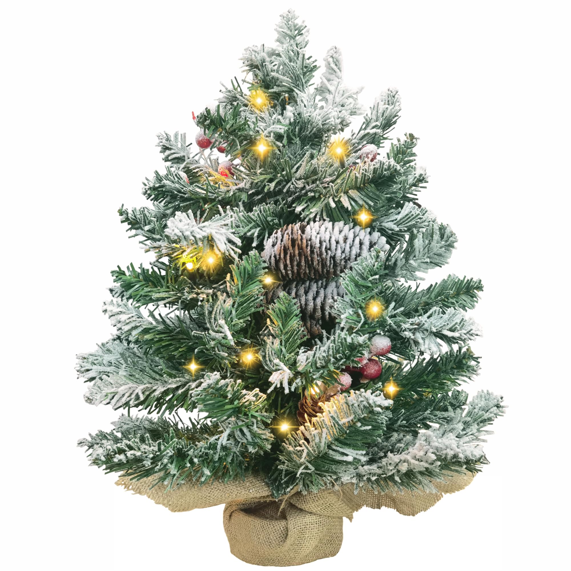 CHICHIC 20 Inch Prelit Artificial Mini Christmas Tree Snow Flocked Small Tabletop Christmas Tree Decorated with LED Lights, Pine Cones, Berry Clusters, Frosted Branches for Home Holiday Decorations