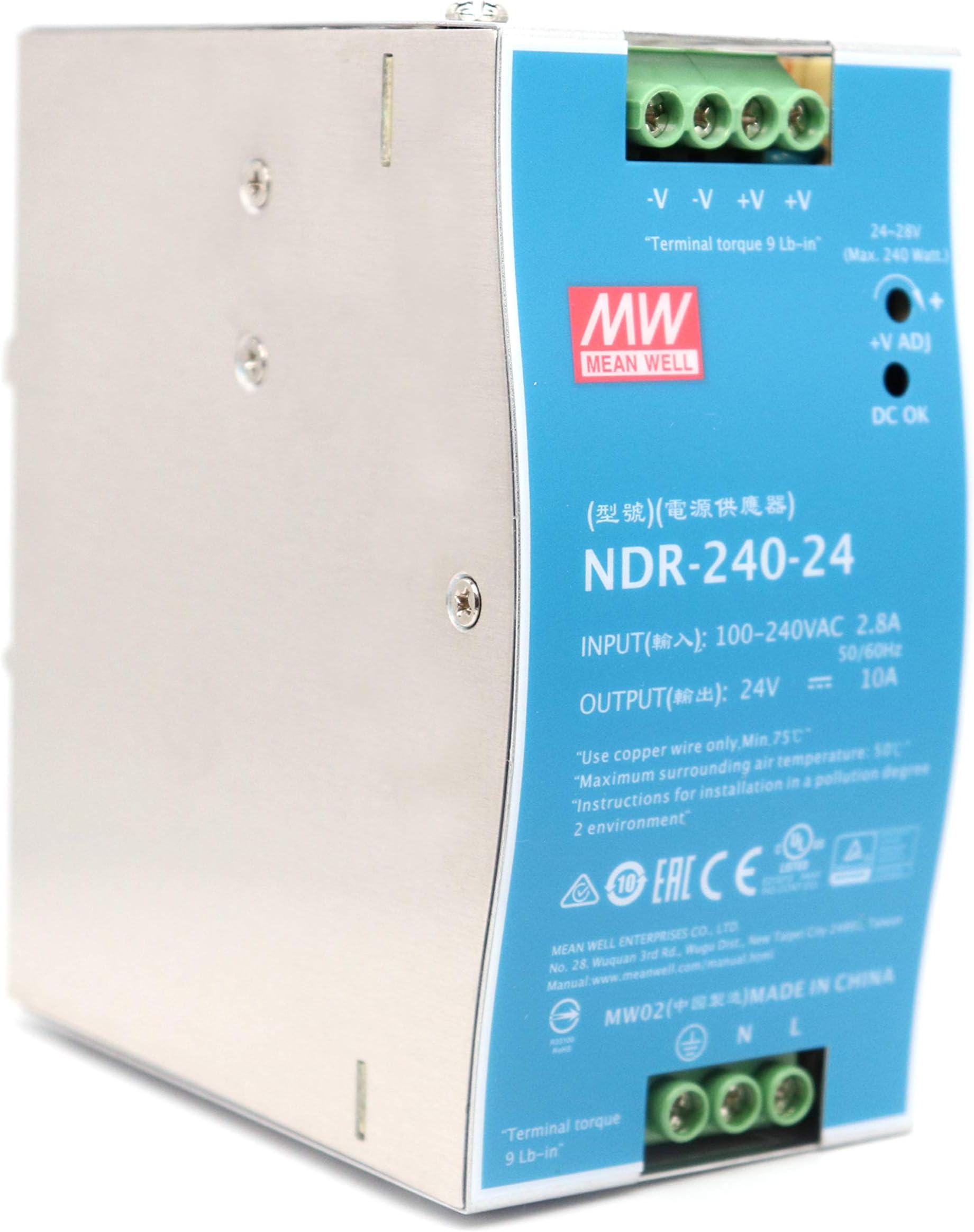 NDR-240-24 240W 24VDC 10A AC/DC Industrial DIN Rail Power Supply Single Output for Industrial Applications