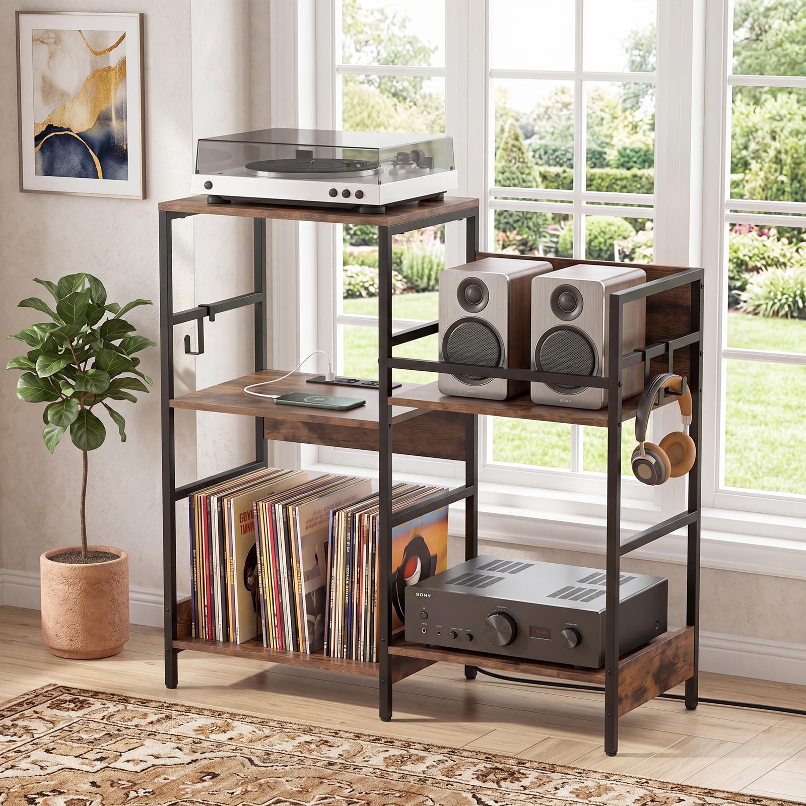 GIANTEX Supporto per Giradischi Multilivello, Mobile Vinili con Stazione di Ricarica, Mobiletto Porta Dischi in Legno con Ganci, Struttura Metallica, per Studio e Soggiorno, 78 x 30 x 78 cm