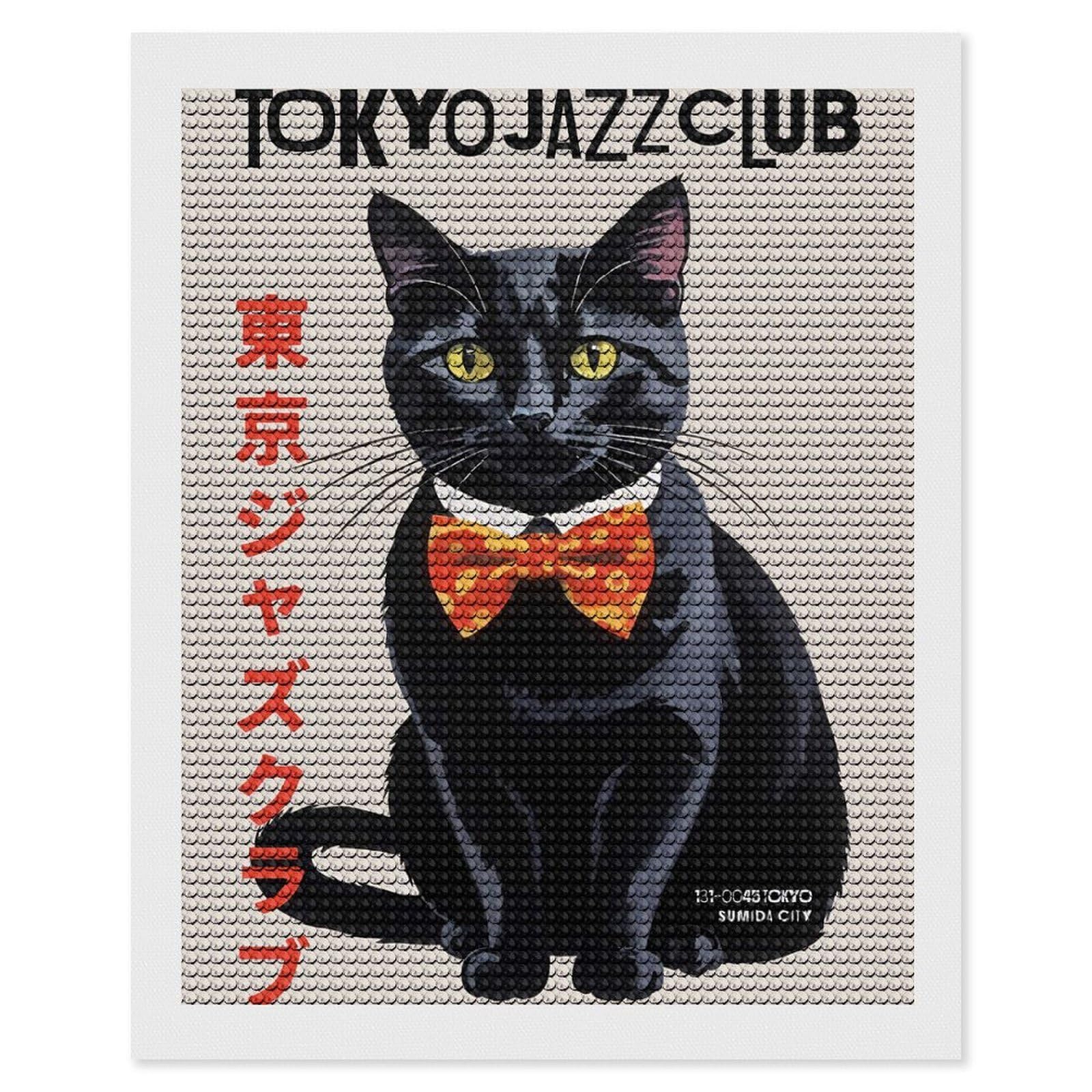 Junmoney Tokyo Jazz Club Cat Diamond Painting Canvas Set 16"x20", Full Kit Included, Calming Craft to Unwind, Farmhouse Decor, Christmas Gift