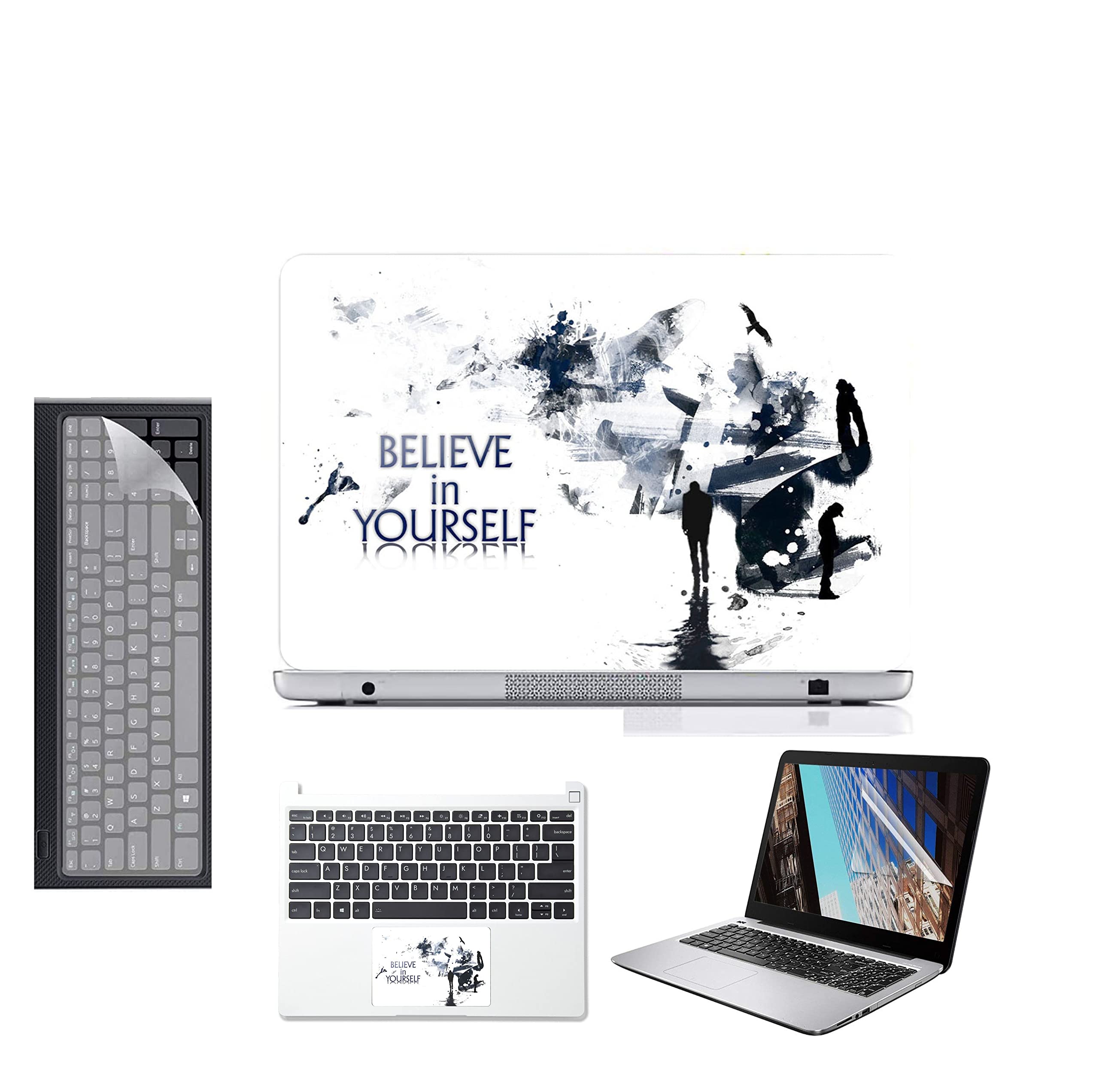 Ecomaholics Belive in Yourself 4in1 Combo Kit for 15.6 inch Laptops Skin Sticker Vinyl Screen Guard Silicone Keyboard Protector and Universal touchpad Protector for All Model Size 15.6x10.1 - HQ044