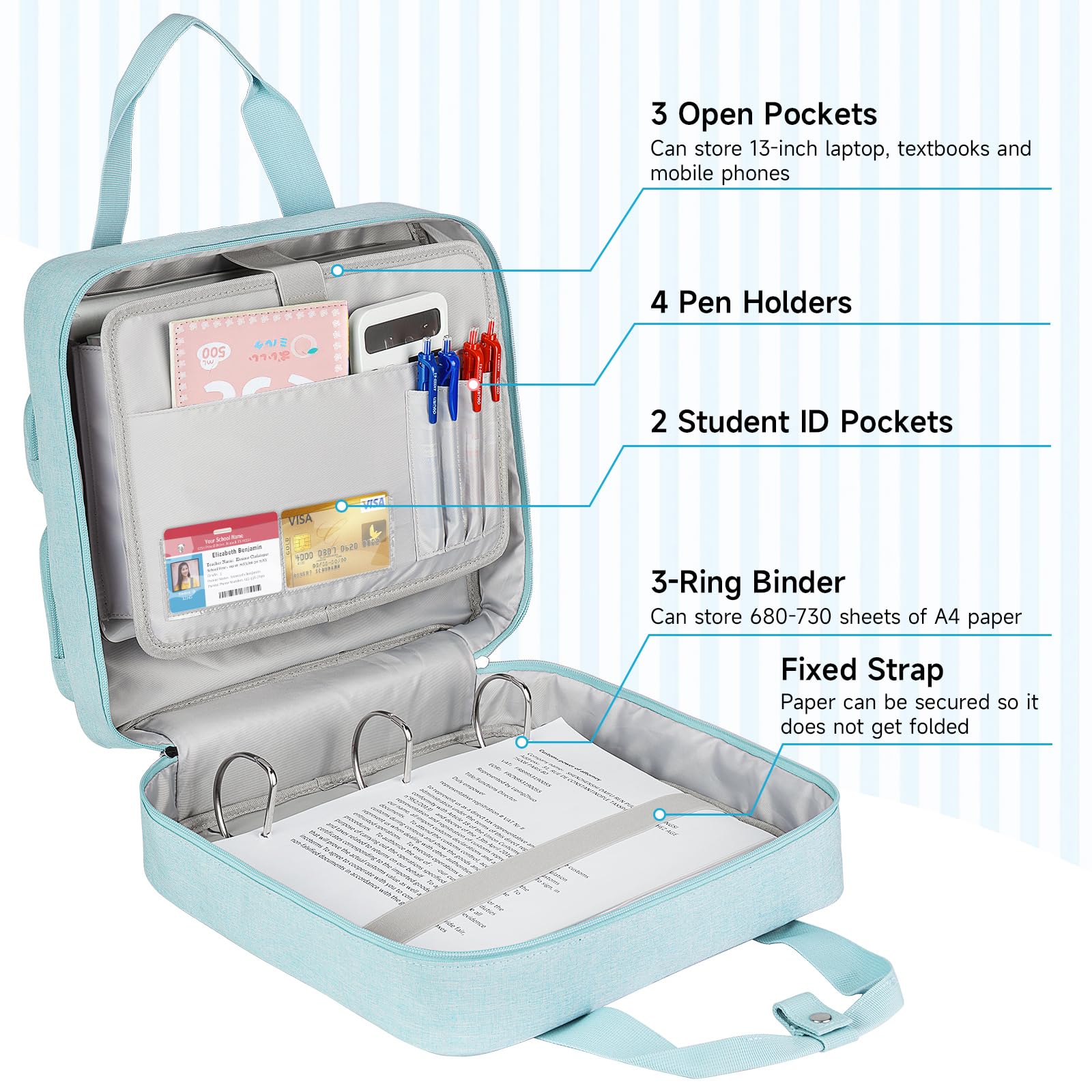 Carpeta con cremallera de 3 anillos, capacidad para 700 hojas, carpeta de 3 pulgadas con correa para el hombro para laptop de 13 pulgadas para la escuela y la oficina, color azul