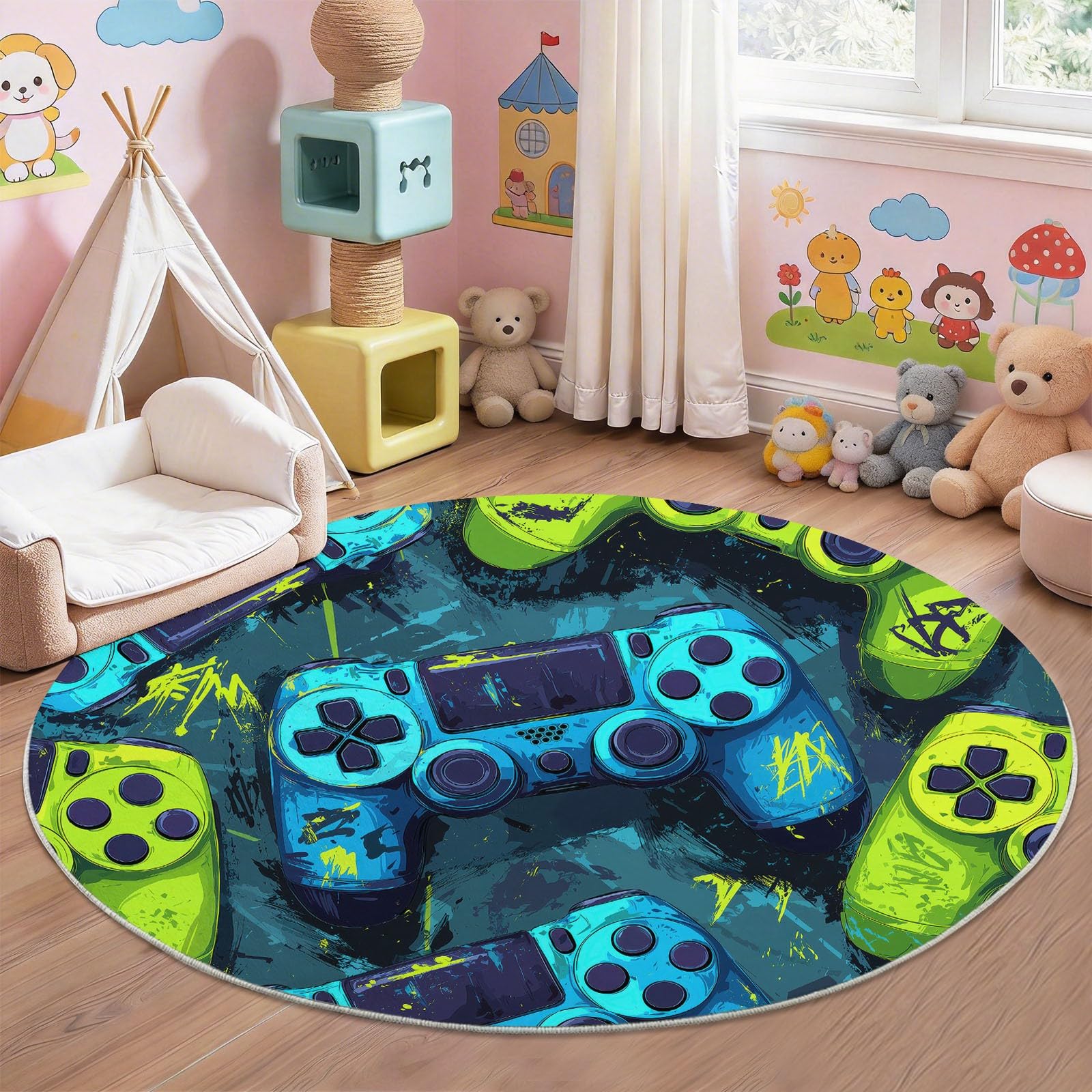 Generisch Teppich Rund 120 cm Kinderzimmer Gamer Gamepad Graffiti-Stil, Waschbar rutschfest Kurzflor, Runde Teppiche für Schlafzimmer Wohnzimmer Flur Gamer, Schwarz