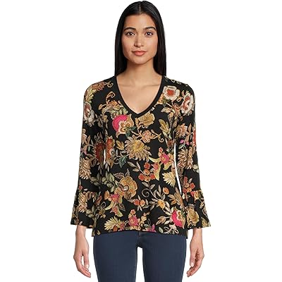 Johnny Was The Janie Favorite V-neck Flute Sleeve Tee- Lowri lowri/black