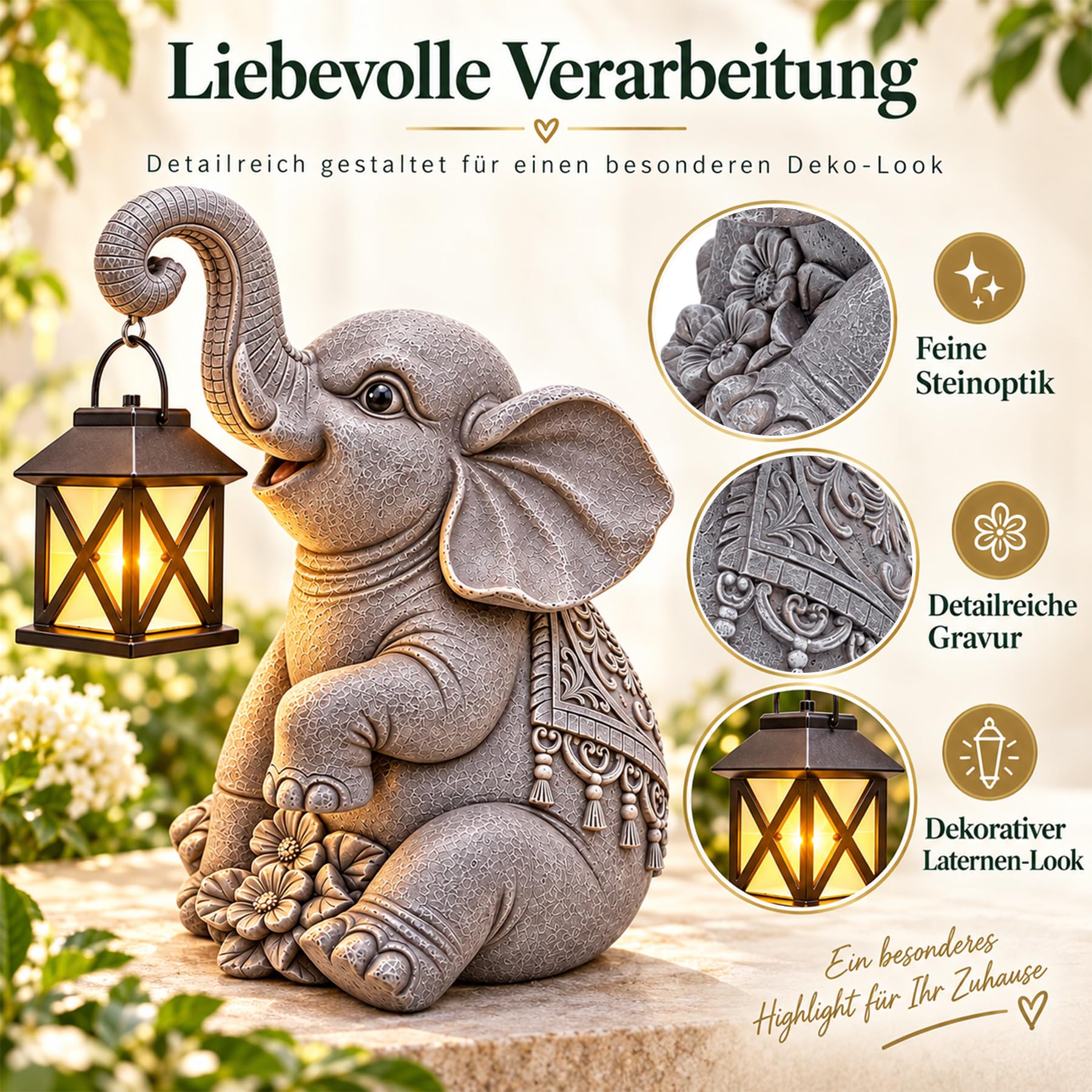 Sunshine smile Statua decorativa da giardino a forma di elefante con lanterna, decorazione da giardino per esterni, regalo per mamma, decorazione per terrazza, balcone