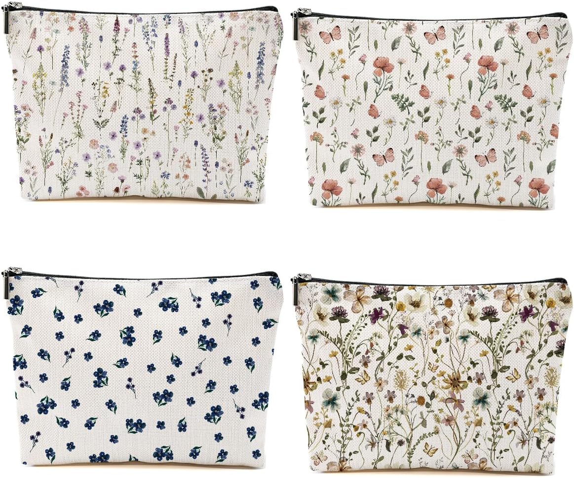 4PCS Floral Makeup Bags for Women, Cute Flower Travel Toiletry Bag