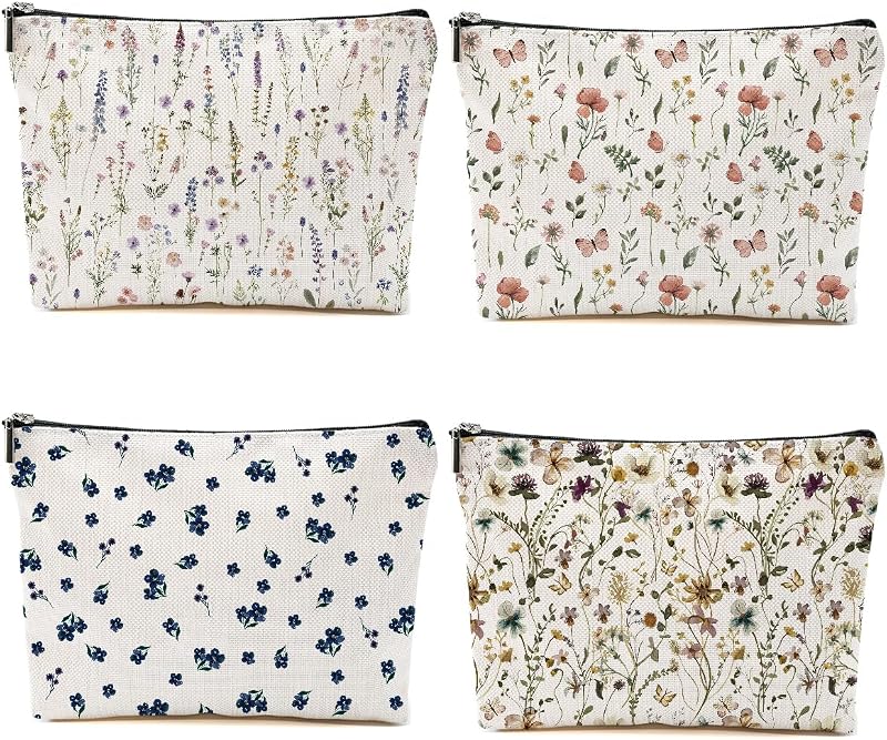 CSHVJ 4 Necessaires Florais com Zíper, Bolsas de Cosméticos para Viagem, Multicolorido 0425