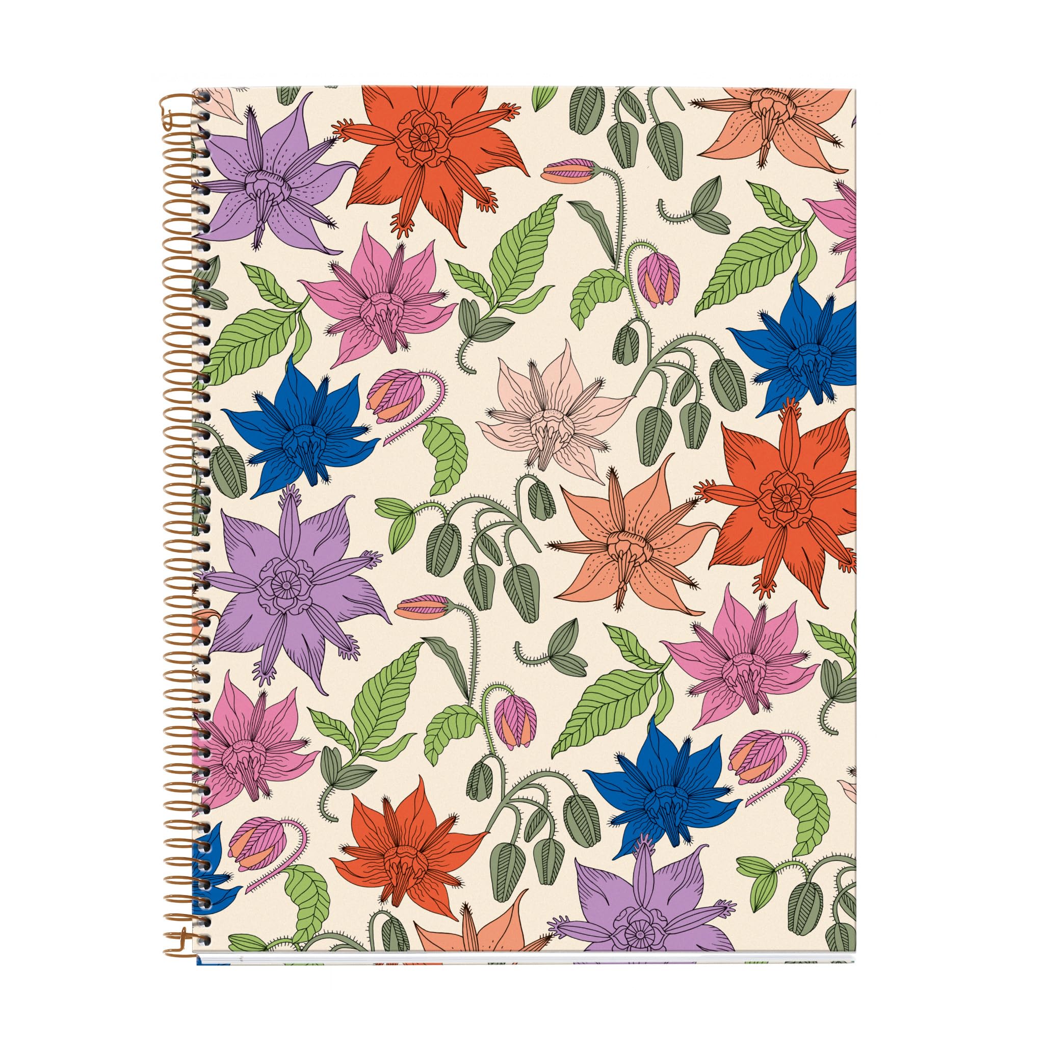 Miquelrius - A4 Notebook, 4 Colour Stripes, Horizontal Ruled 7 mm, 120 Sheets of 70 g/m², Spiral, Ruled Notebook, Vintage Lily Collection, Flowers