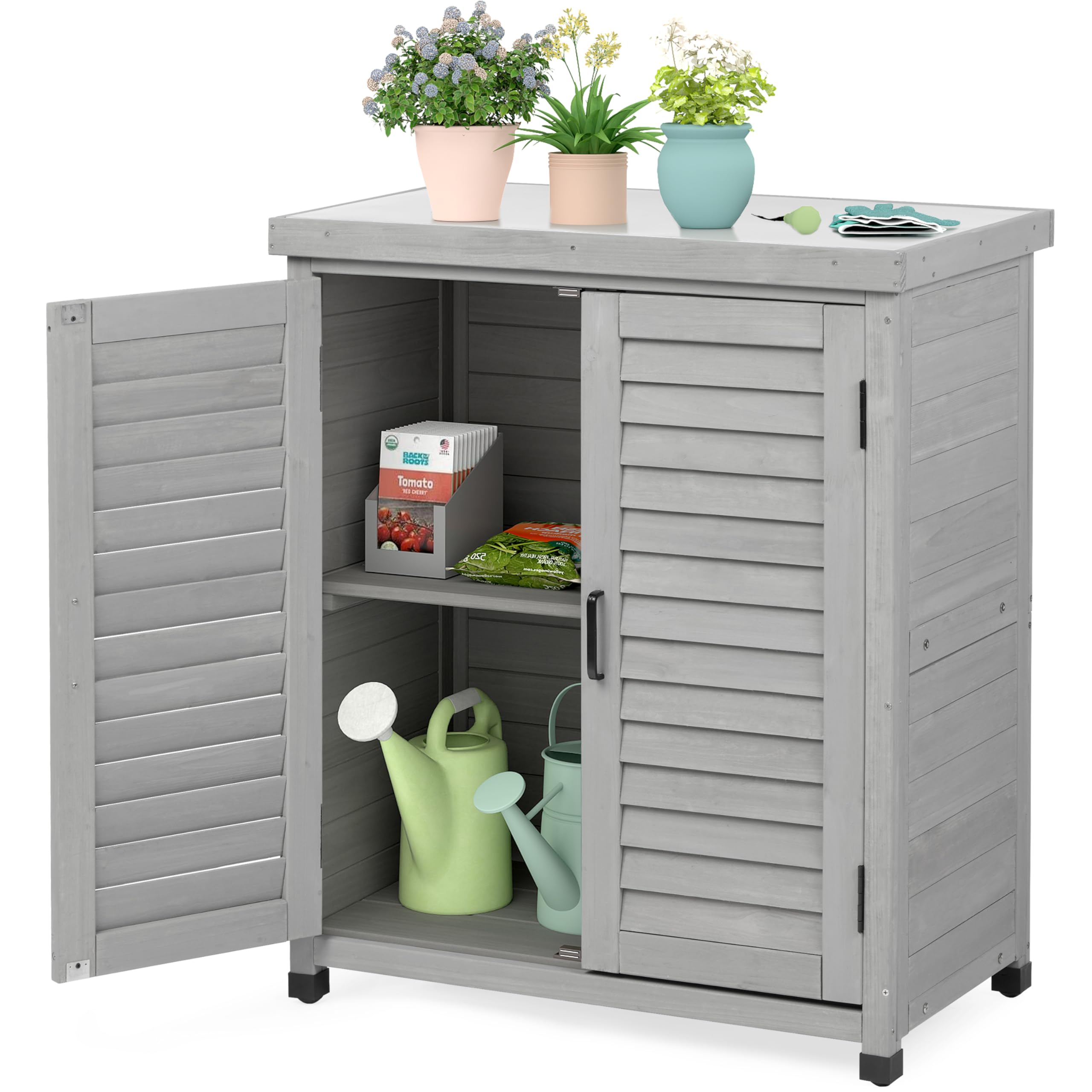 Outdoor Storage Cabinet & Potting Bench Table with Metal Top, Wooden Patio Furniture, Garden Workstation (Accent Grey, 36x31x17in)