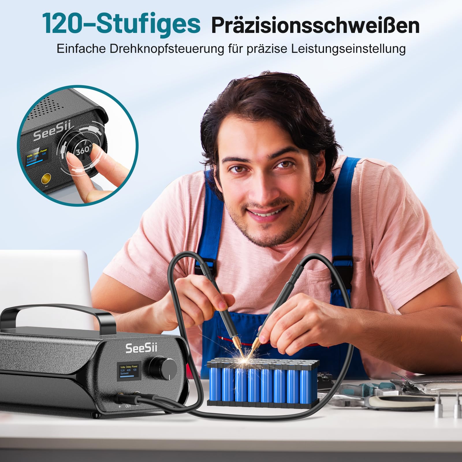 SeeSii Kondensator Punktschweißgerät, 3000F Punktschweißgeräte mit Farad-Kondensatoren, 4 Schweißnadeln, Spot Welder für 0,1-0,3 mm Nickelband, 120 Gänge, von Zylindrischen Batterien usw.
