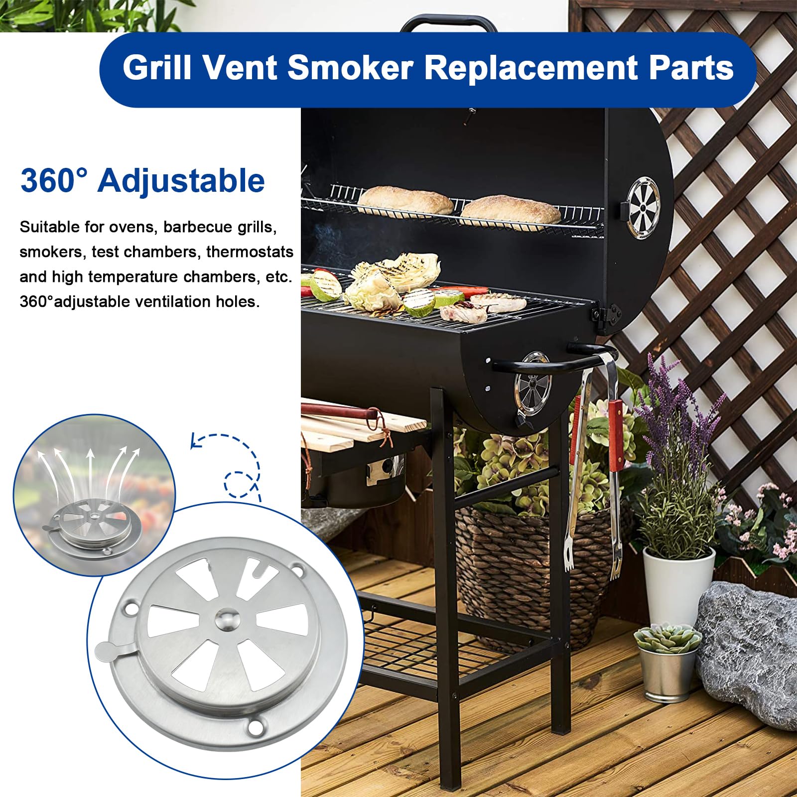 Juego de 2 rejillas de ventilación de aire para ahumador de barbacoa, amortiguador de parrilla de acero inoxidable para flujo de aire acelerado, piezas de repuesto para ahumador, parrilla y 5