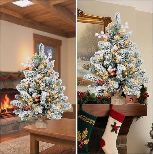 Miniatura 4 de ININ Mini árbol de Navidad preiluminado de 2 pies, árbol de Navidad artificial de mesa con luces LED, pequeño árbol de Navidad con base de bolsa de