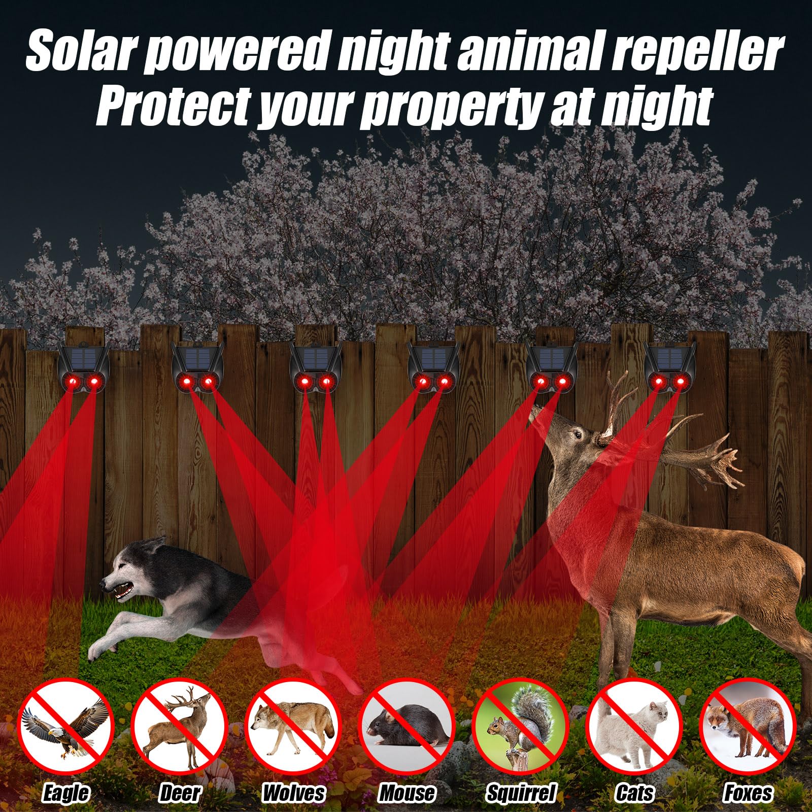 Qualirey Paquete de 6 repelentes solares de animales nocturnos, con LED rojo intermitente, impermeable, disuasivos de depredadores para coyote, mapache, ciervo, zorro, zorrillo, ideal para jardín al