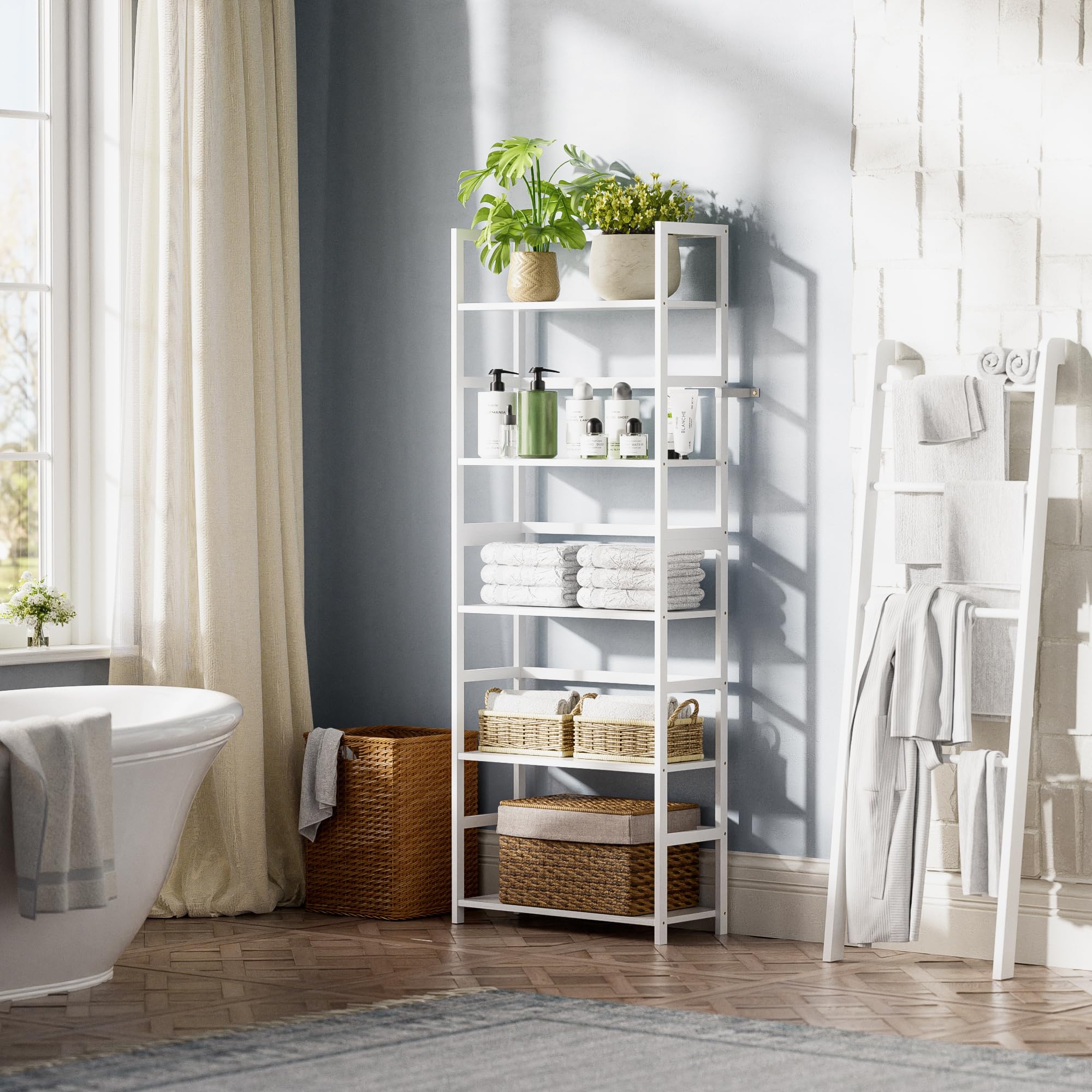 BATHWA Hoge Boekenplank Mordern Hout Metalen Open Industriële Boek Planken Boekenkast Rekken Unit Opslag Systeem 5 Tier