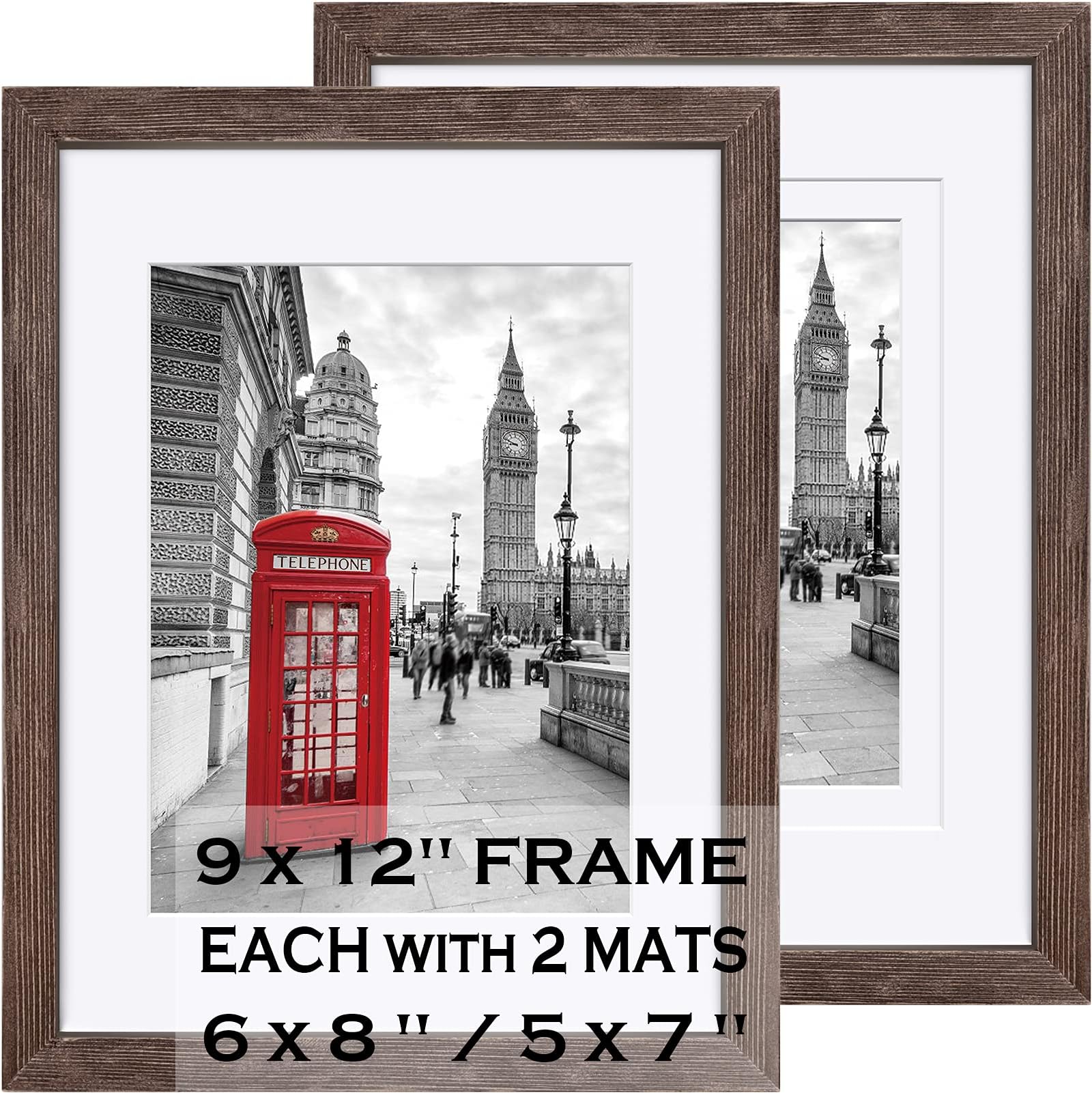 9x12 Rustic Picture Frames Solid Wood Walnut Display Pictures 6x8 or 5x7 with Mat or 9x12 without Mat - Farmhouse Distressed Photo Frame for Art with 2 Mats Wall Mounting ,Table Top - Set of 2