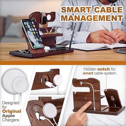 Miniatura 3 de TESLYAR Estación de acoplamiento de madera para teléfono compatible con MagSafe y cargador IWatch regalos de Navidad para hombres o papá para esposo