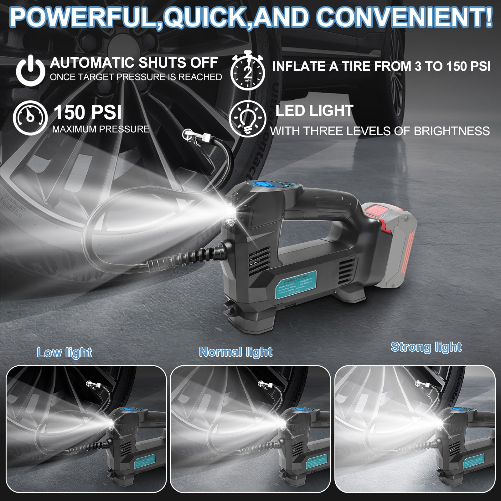Powarobor Akku-Luftpumpe kompatibel mit Bosch 18V GBA/GBA ProCORE Akku,10,3bar Kompressor/Elektropumpe für Auto/Motorrad/Fahrrad/Bälle/150 PSI,automatische Abschaltung, LED,Echtzeitmessung (ohne Akku)