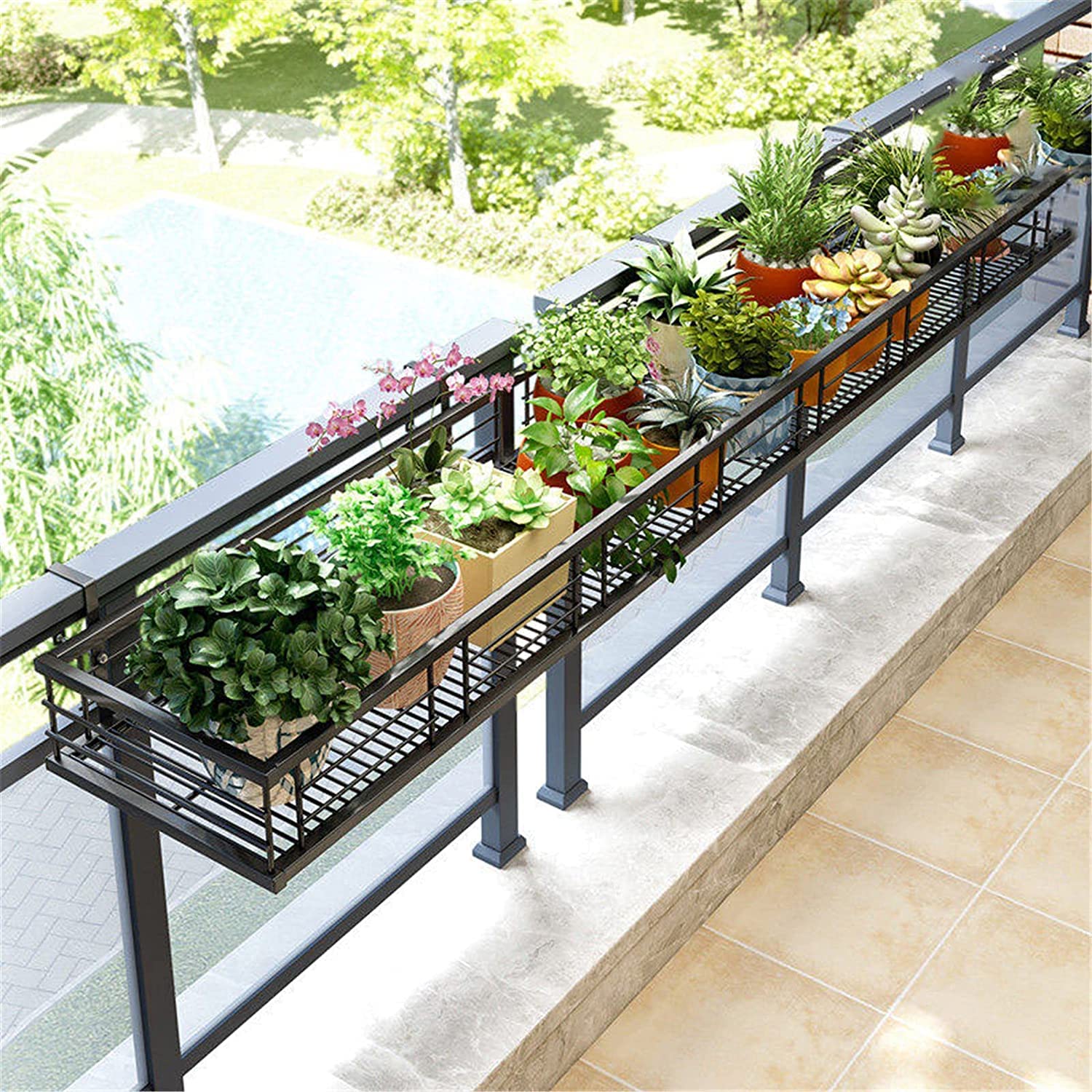 Hcosmy Multiple Sizes Hanging Plant Stand Balcony Metal Flower Pot Basket Planter Holder Rack Rectangular Plant Railing Shelf with Hooks for Patio Indoor Outdoor (80X20X12CM)