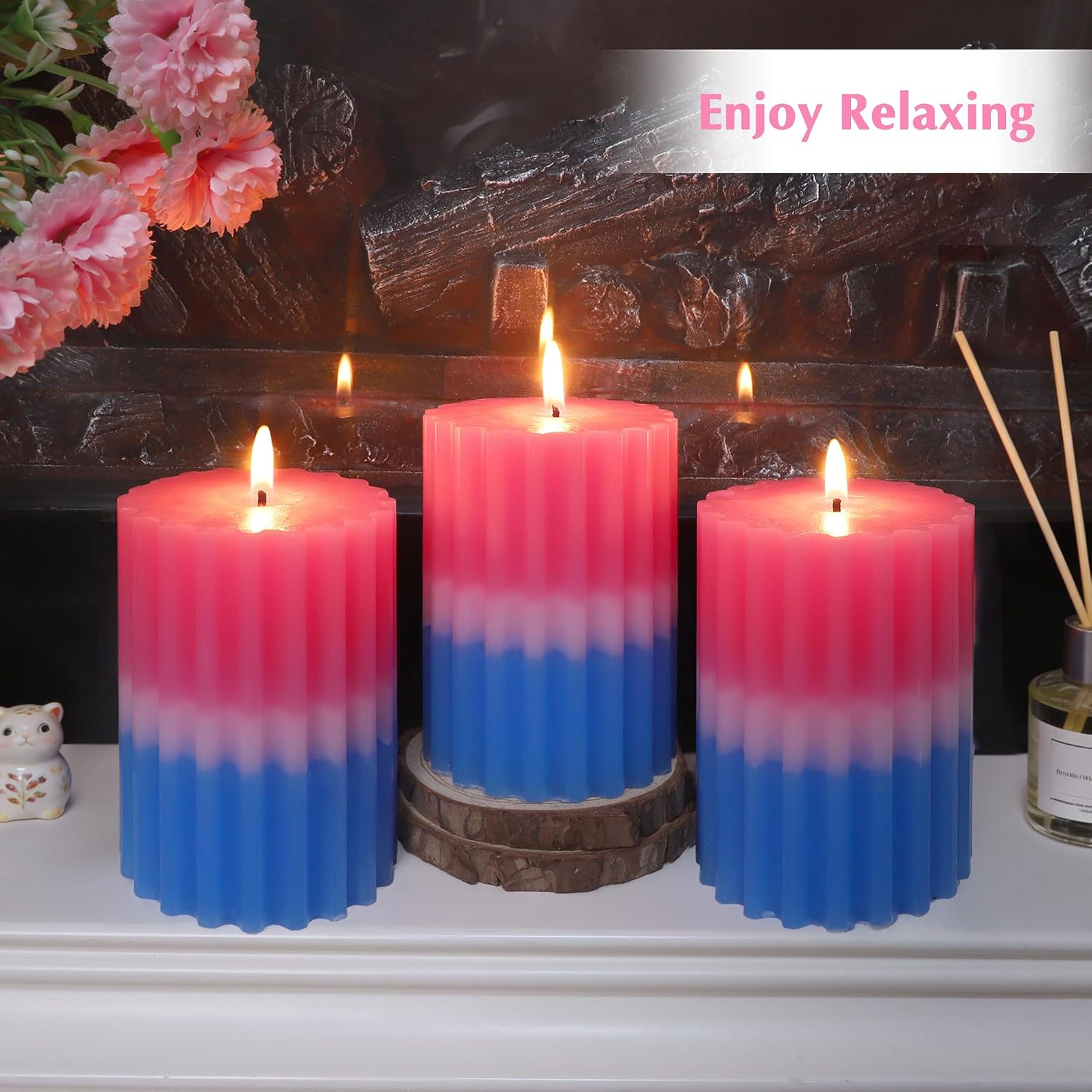 Ribbed Pillar Candles Fruity Floral Scented Pink Blue Ombre 3×4 Inch Candle Handcrafted Aesthetic Romantic Aromatherapy Candles for Home Decor Wedding Party Housewarming Gift