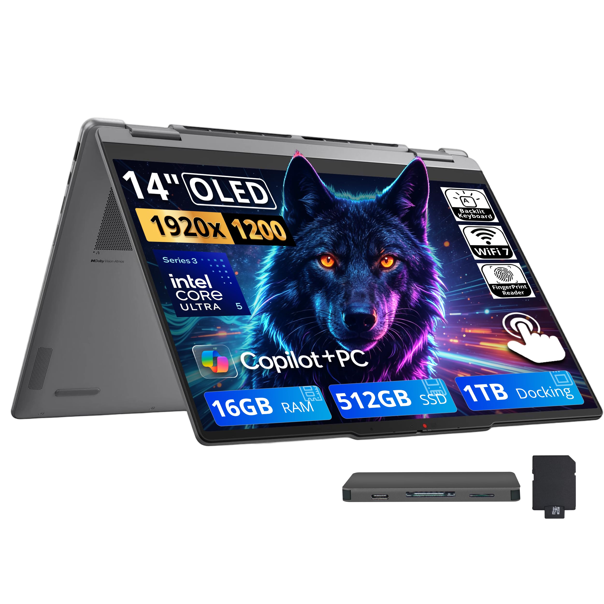 Yoga 7i 2-in-1 14" 2K OLED Touch Laptop, Intel Ultra 5 322, 16GB Memory, 1.5TB Storage (512GB SSD+1TB Docking Station), Intel Graphics, Backlit Keyboard, Fingerprint, Wi-Fi 7, Win 11, Luna Grey