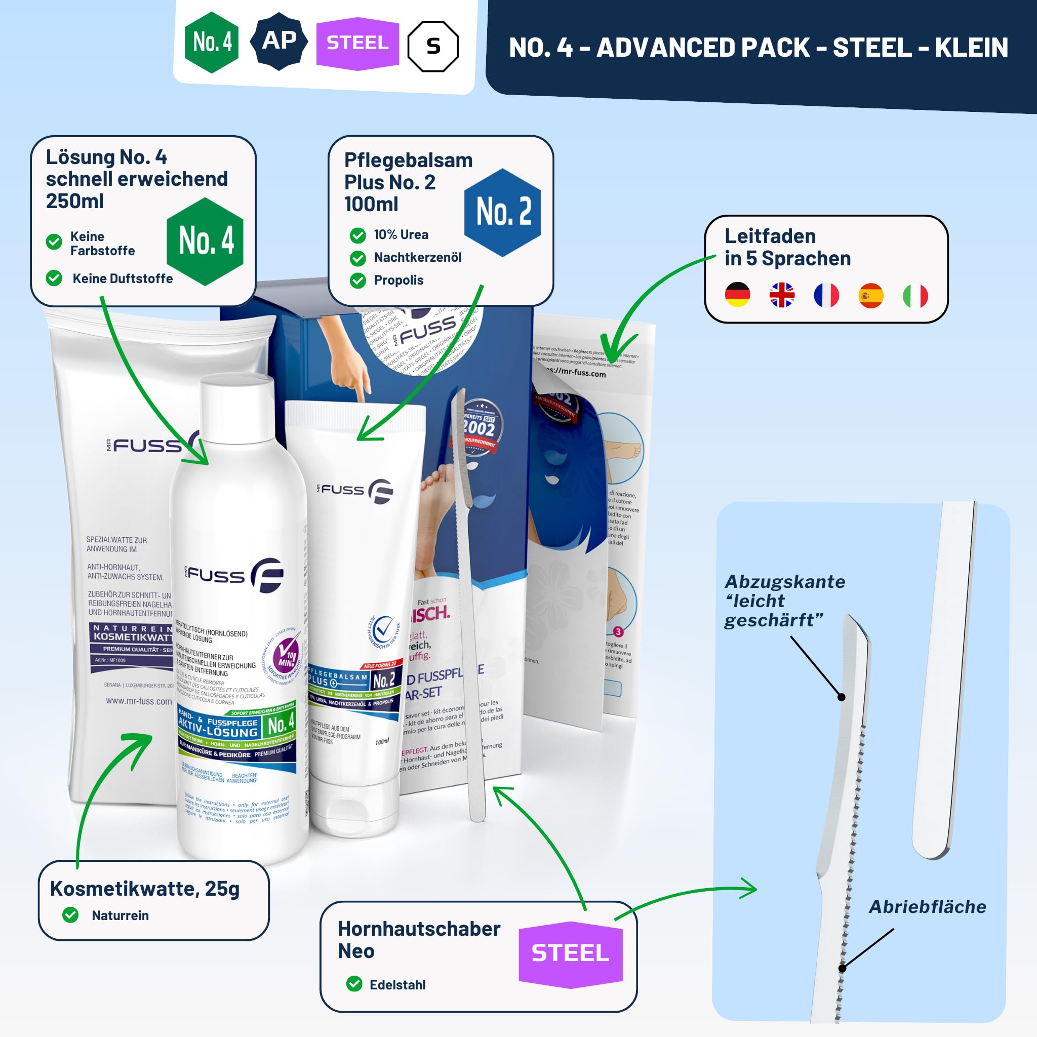 Mr. Fuss® No. 4 - Advanced Pack Steel - Klein, Nagelhaut- Hornhautentferner Sparpaket 4 tlg. Aktiv-Lösung Schnell erweichend - 250 ml, Balsam No. 2-100 ml, Watte, Edelstahl-Schaber