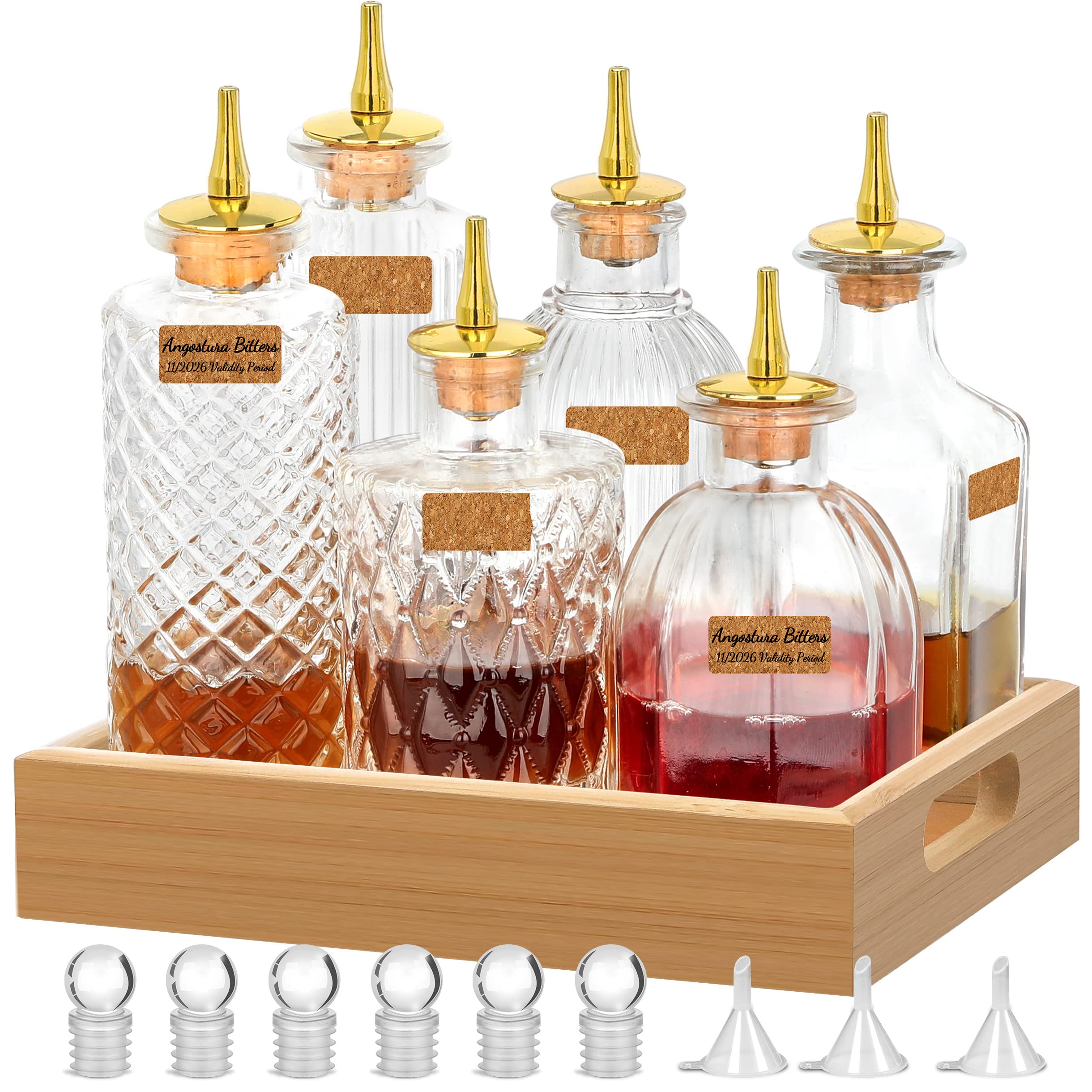 Bitters Bottle Set of 6 - Glass Dasher Bottles to Store and Dash Cocktail Bitter Ingredients Dispenser Bottles with Dash Top and Stoppers with Tray